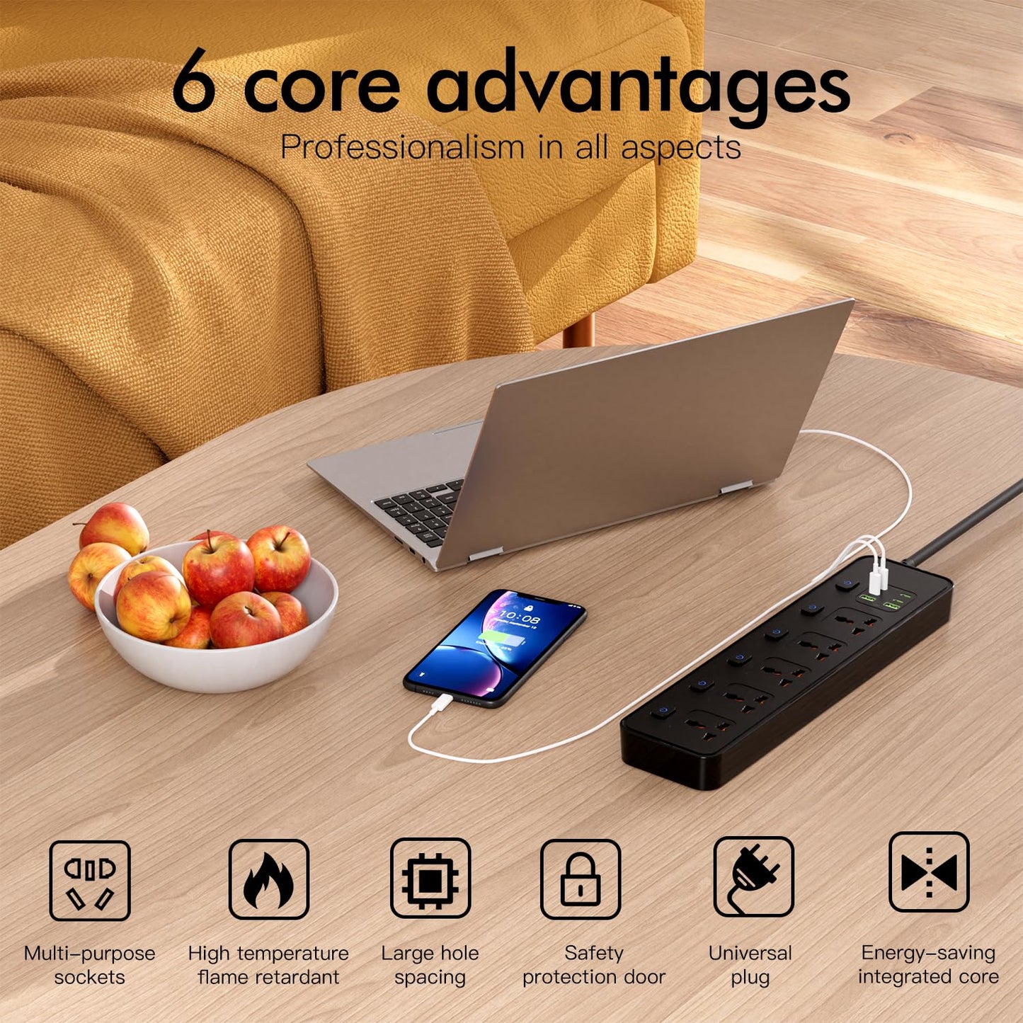 Universal Power Strip with USB Ports, Individual Swtich, 6ft Power Cord, 5 Universal AC Outlets, 4USB C and 2USB (5V/4.2A), Max 3000w, 110-240V, Child