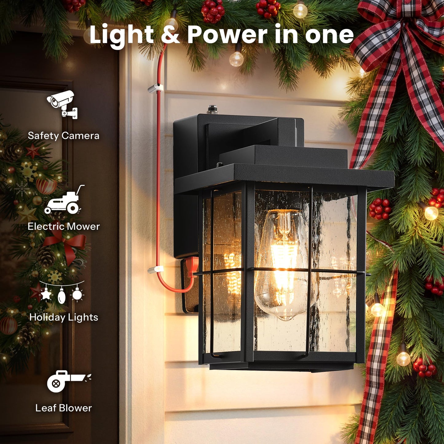 Gleamz Outdoor Wall Light Dusk to Dawn, Black Front Porch Light with GFCI Outlet, Modern Exterior Lighting Fixtures with Outlet, Exterior Wall Sconce