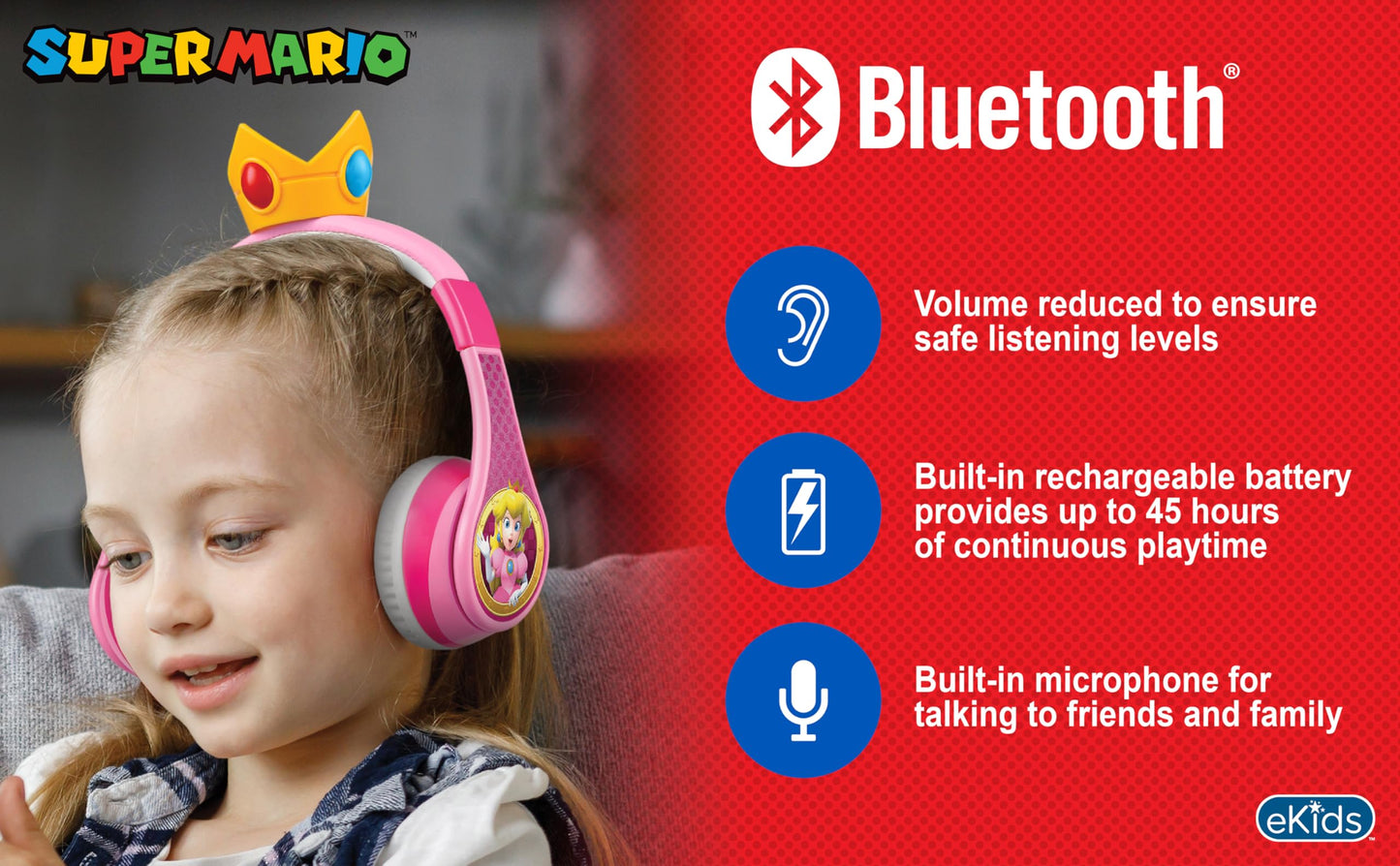 Princess Peach Bluetooth Headphones for Kids Wireless Headphones for School
