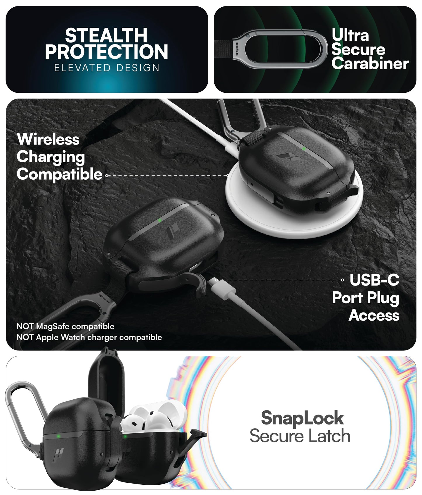 Proof Labs for AirPods 4 Case with Lock - Tough AirPods 4th Generation Case Cover with Carabiner, Rugged Protection and Hard Protective Shell (Black