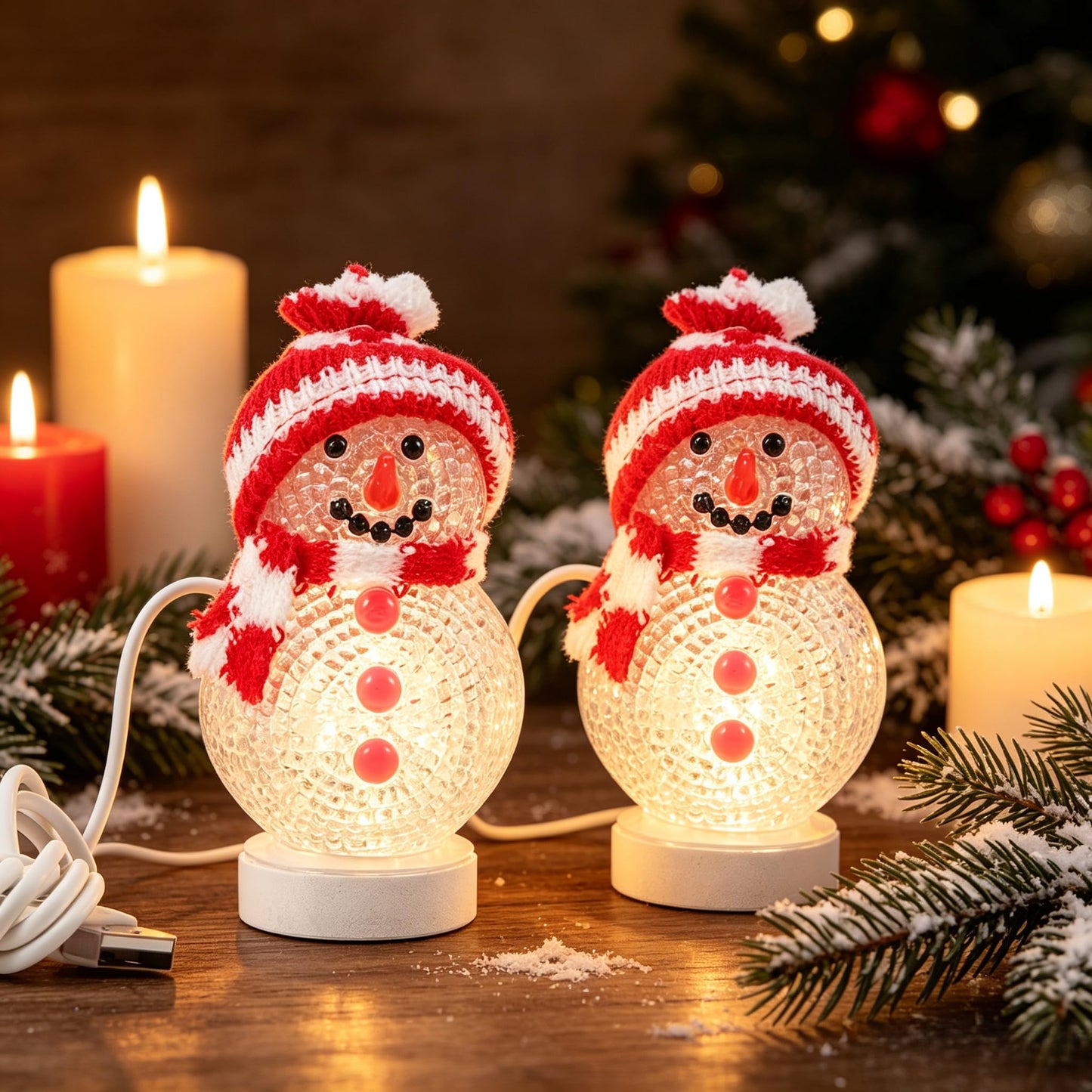 VOSCHOIX 2pcs LED Christmas Table Lights, USB Powered Light Up Snowman for Desk, 7 Colors Mini Christmas Tree Snowman Light for Xmas Party Table