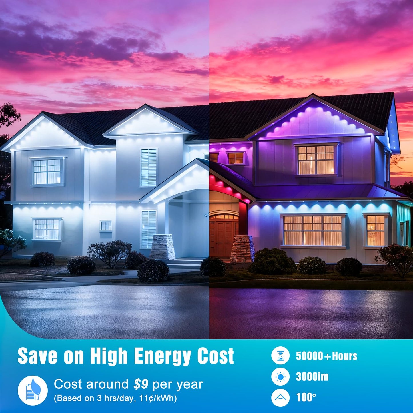 JOH Permanent Outdoor Lights,100FT RGB+IC Smart Eave Lights with DIY Color, IP67 Waterproof, App & Remote Control, 72 Scene Modes, Outdoor Roof