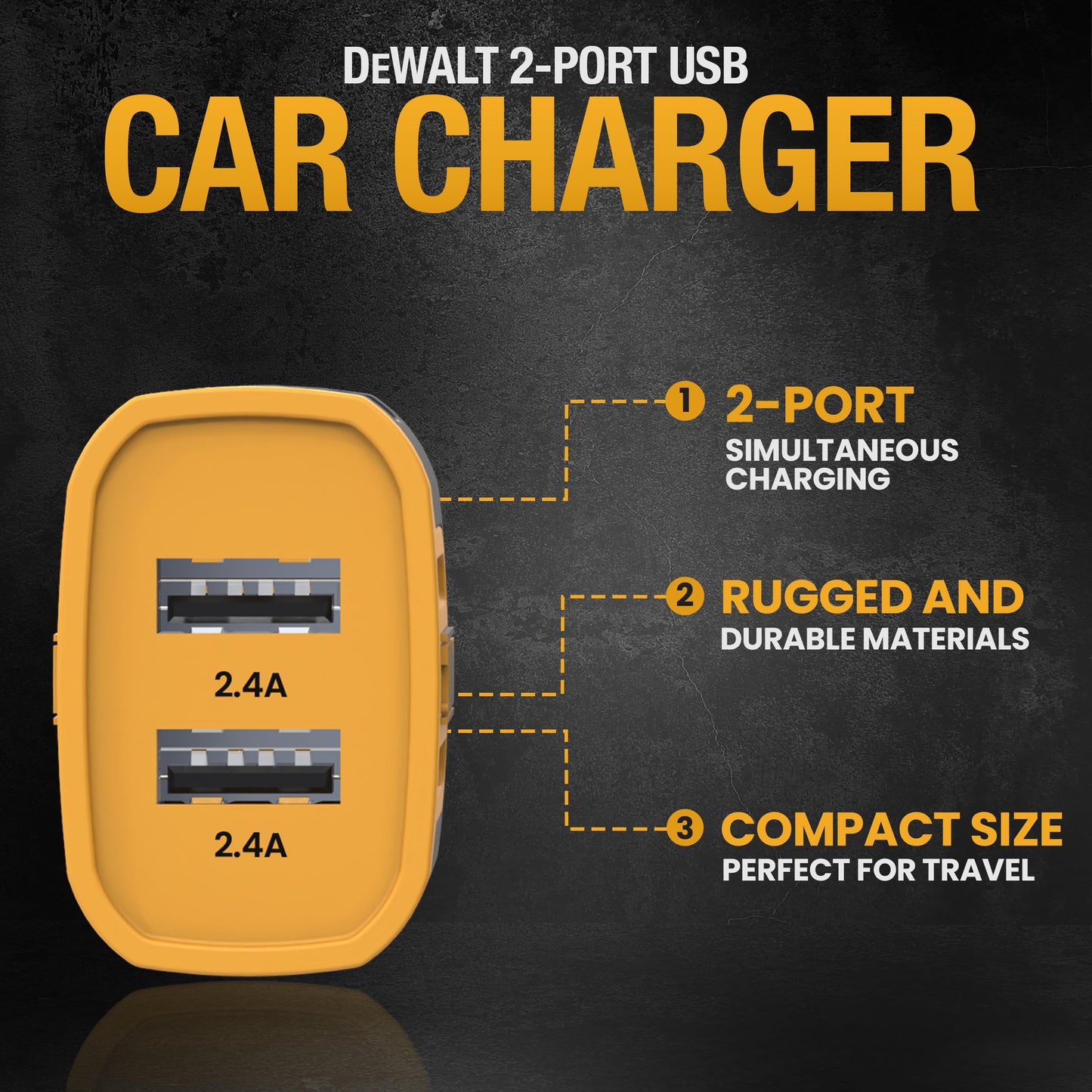 DEWALT Heavy Duty 24W USB Car Charger Adapter, Cigarette Lighter Adapter USBA Charger, Fast Charging Car Lighter USB Adapters, Cell Phone Automobile