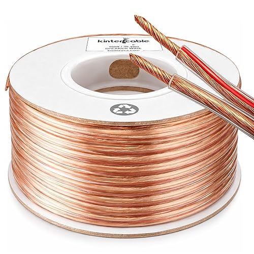 Kinter Cable 100ft 14-Gauge Audio Stereo Speaker Wire 30.48 Meters 2 Conductor Polarity Marked Clear PVC, CCA, Spool in Box, for Home Theater, HiFi