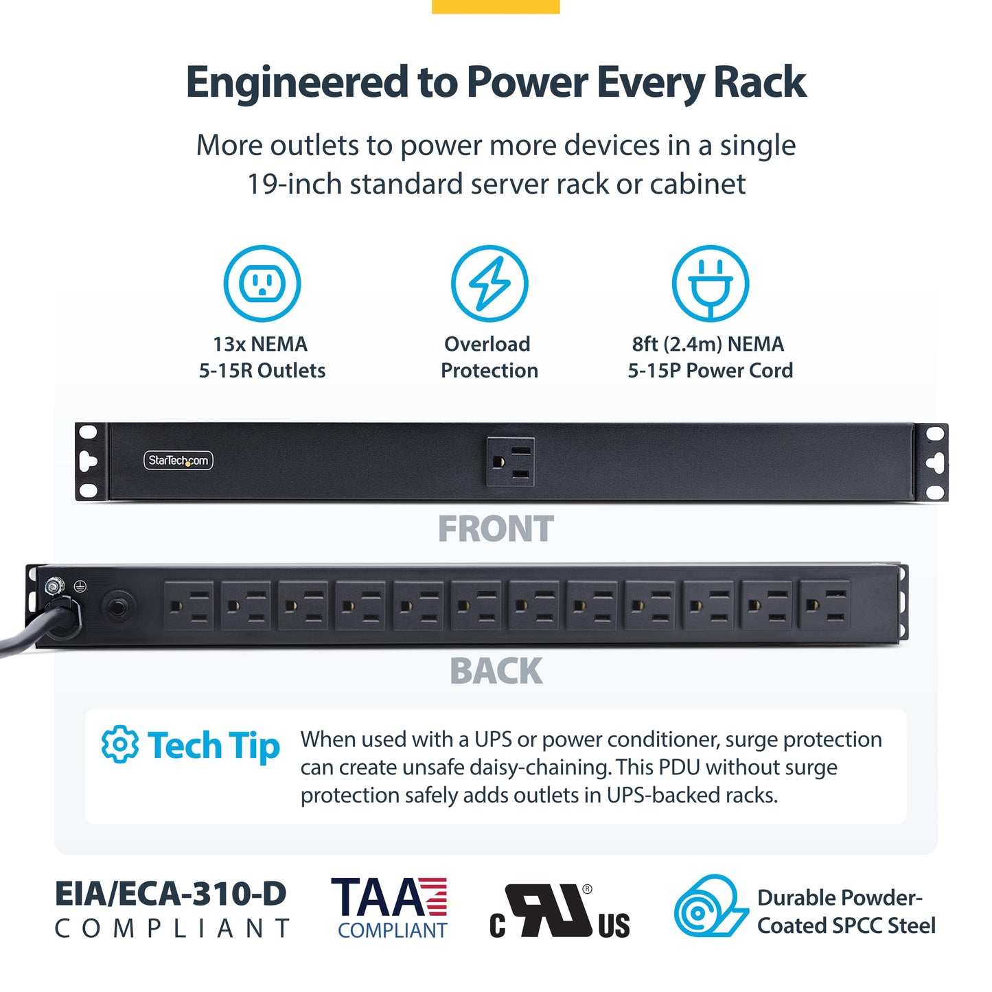 StarTech 13-Outlet Rackmount PDU, 1U Server Power Strip, 1x Front and 12x Rear Ports, Mounted Power Distribution Unit
