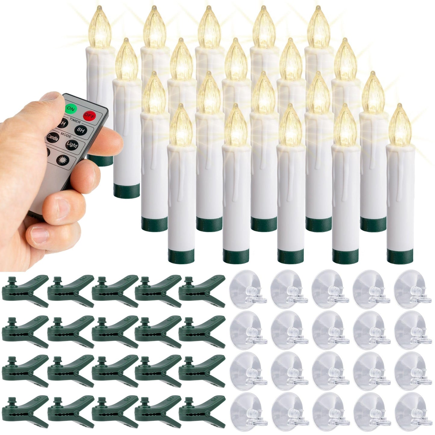 WYZworks 20 Pack LED Flameless Taper Clip On/Suction Cup Candles for Christmas Tree/Window Candles, 3.5" Flickering Warm White Candle Lights