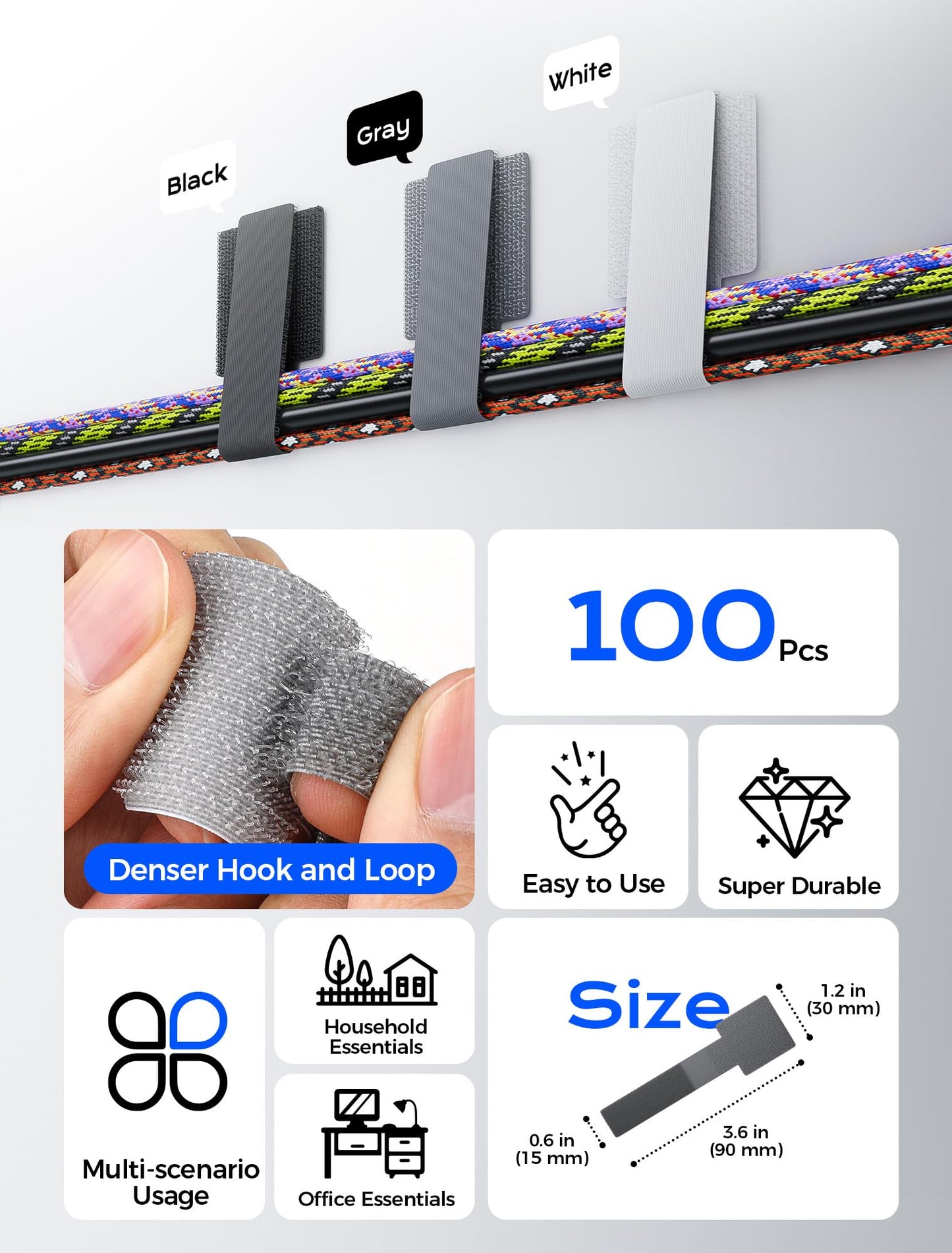 gliship 100pcs Hook and Loop Cable Ties, Adhesive Wire Management, Adjustable Cord Wrappers, Grey
