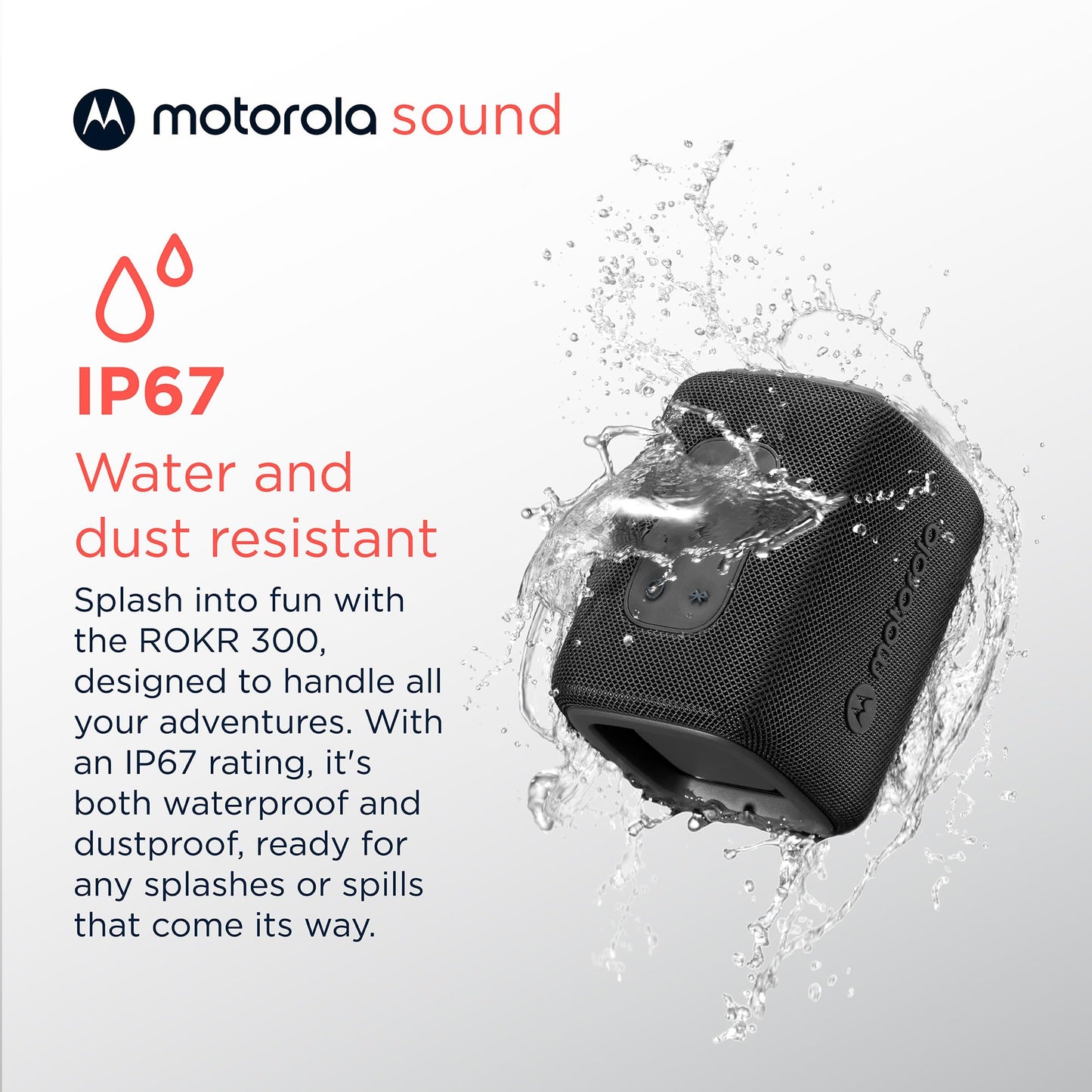 Motorola ROKR 300 Wireless Portable Bluetooth Speaker with Dual Built-in Passive Radiators, IP67 Water and Dust Resistant, Clear Vocals, Compatible