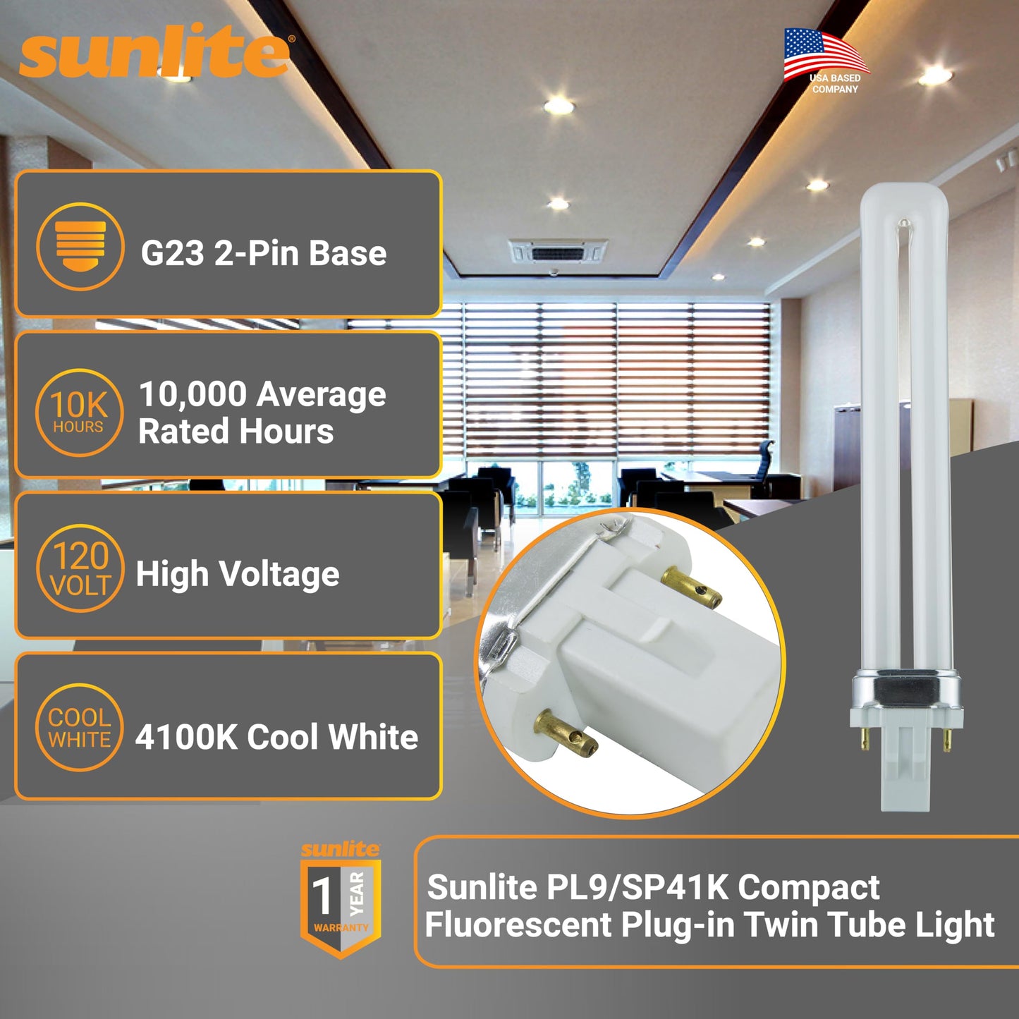 Sunlite PL9/SP41K/10PK 2-Pin Fluorescent 9W 4100K Cool White U Shaped PL CFL Twin Tube Plugin Light Bulbs with G23 Base (10 Pack)