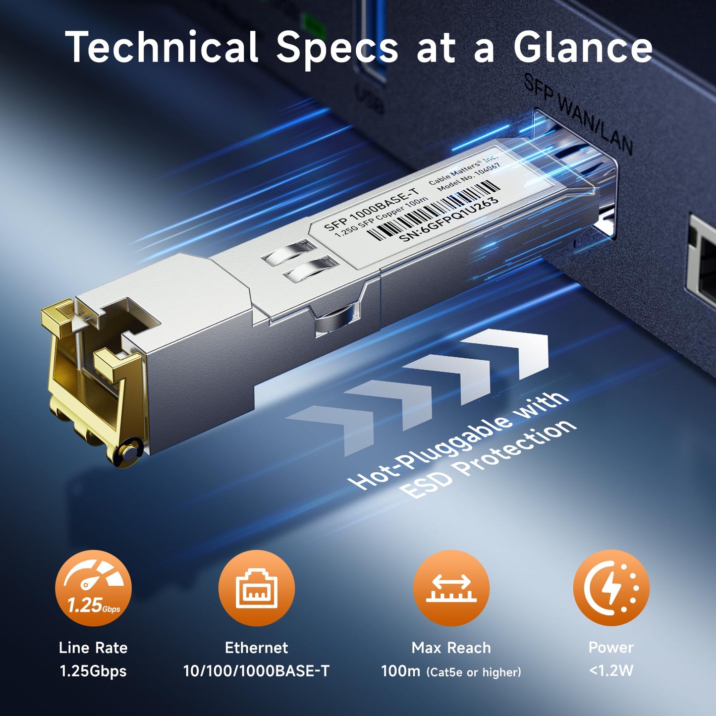 Cable Matters 1000BASE-T Gigabit SFP to RJ45 Copper Transceiver, up to 100m