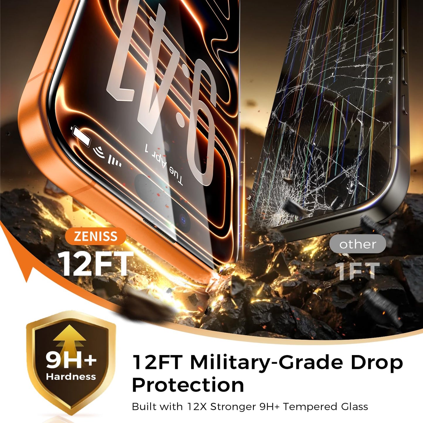 NeverBreak 9H+ Hardness for iPhone 17 Pro Screen Protector 12FT Military Grade Protection (Scratch, Shatter, Drop Resistance) Tempered Glass Full Edge