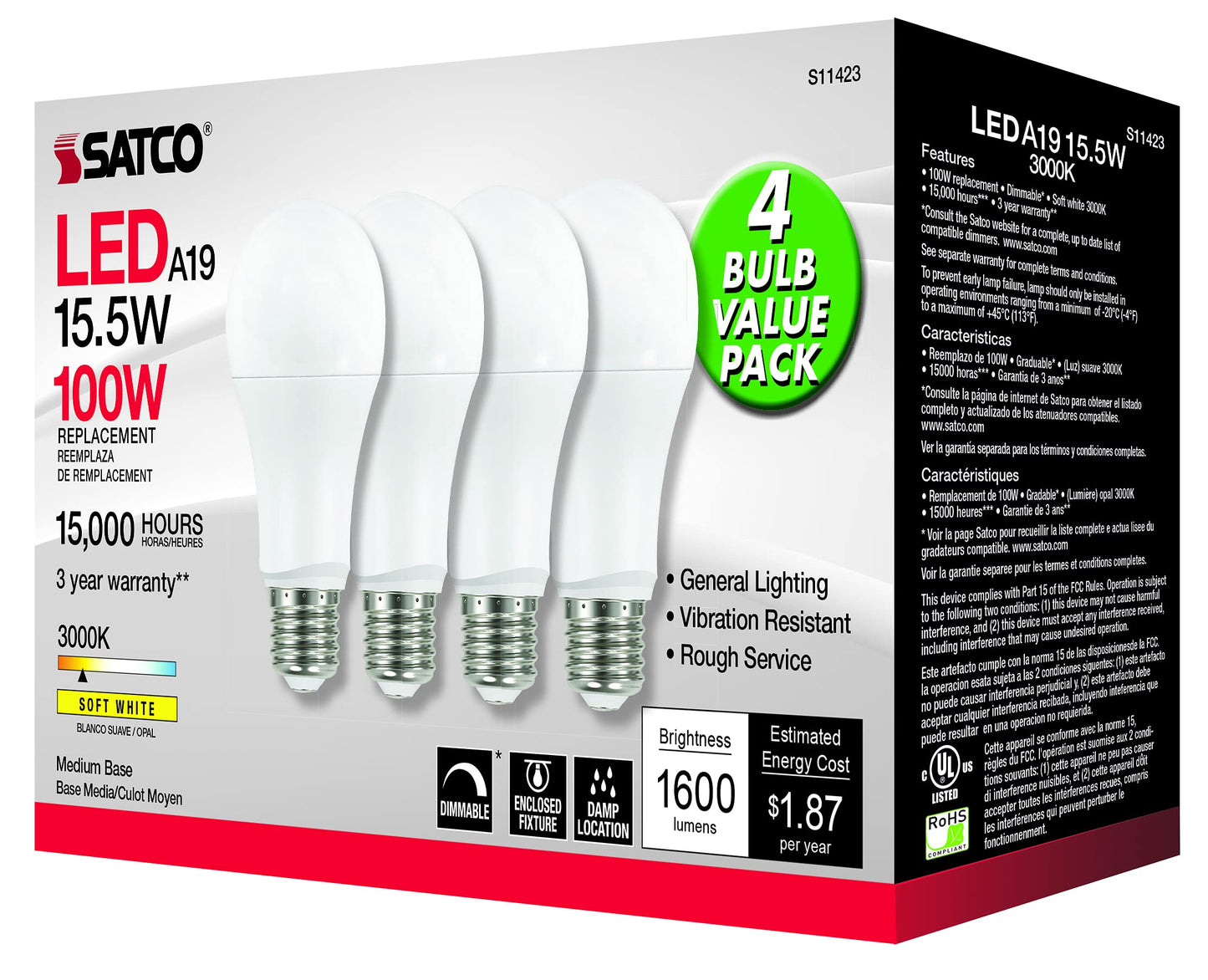Satco 15.5w 120v A19 LED E26 Medium Base 1600 Lumens 3000k (4 LED Light Bulbs)
