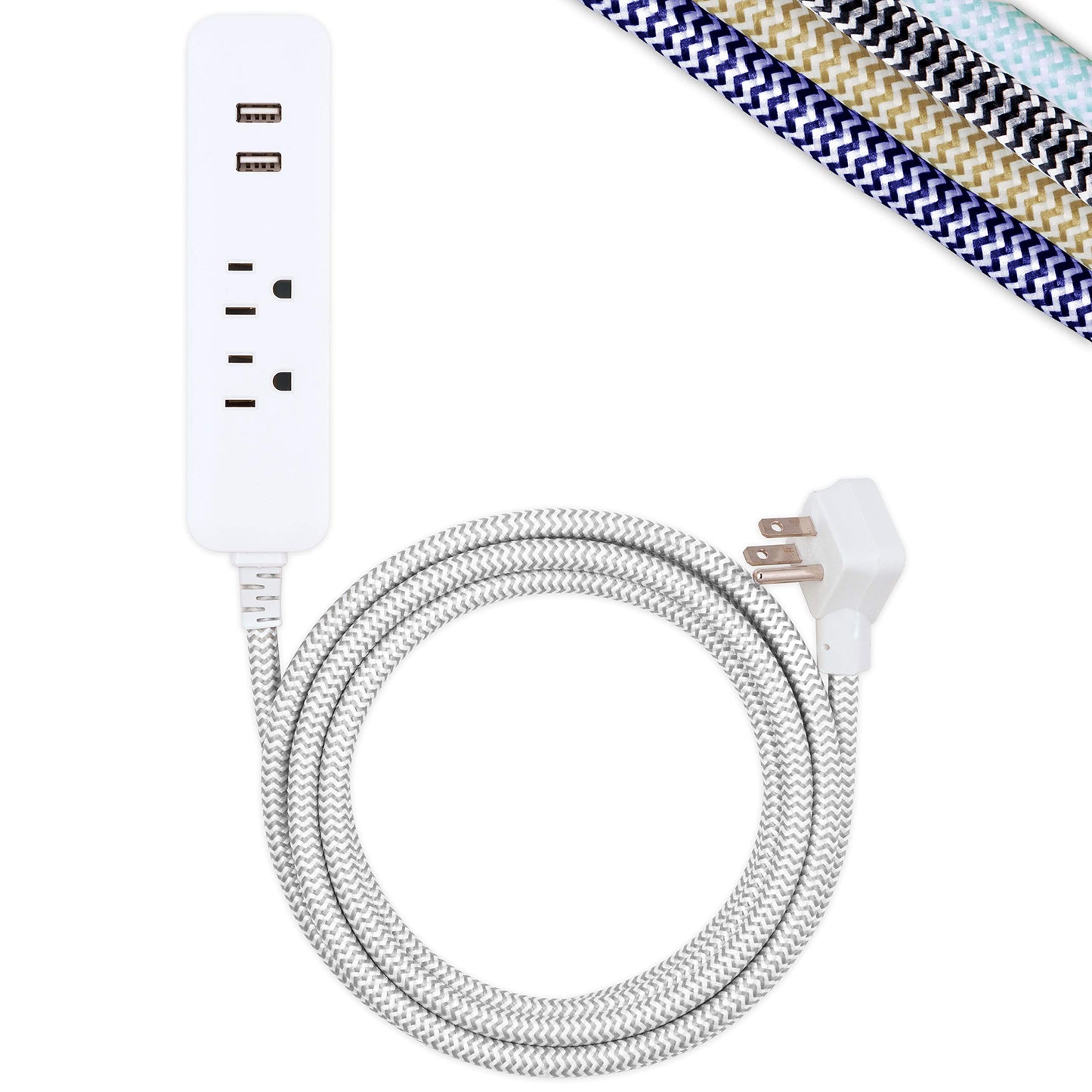 Cordinate Surge Protector Power Strip, 2 Outlet 10 Ft Braided Cord Power Strip with USB Ports, 3-Prong Flat Plug, White, 41691