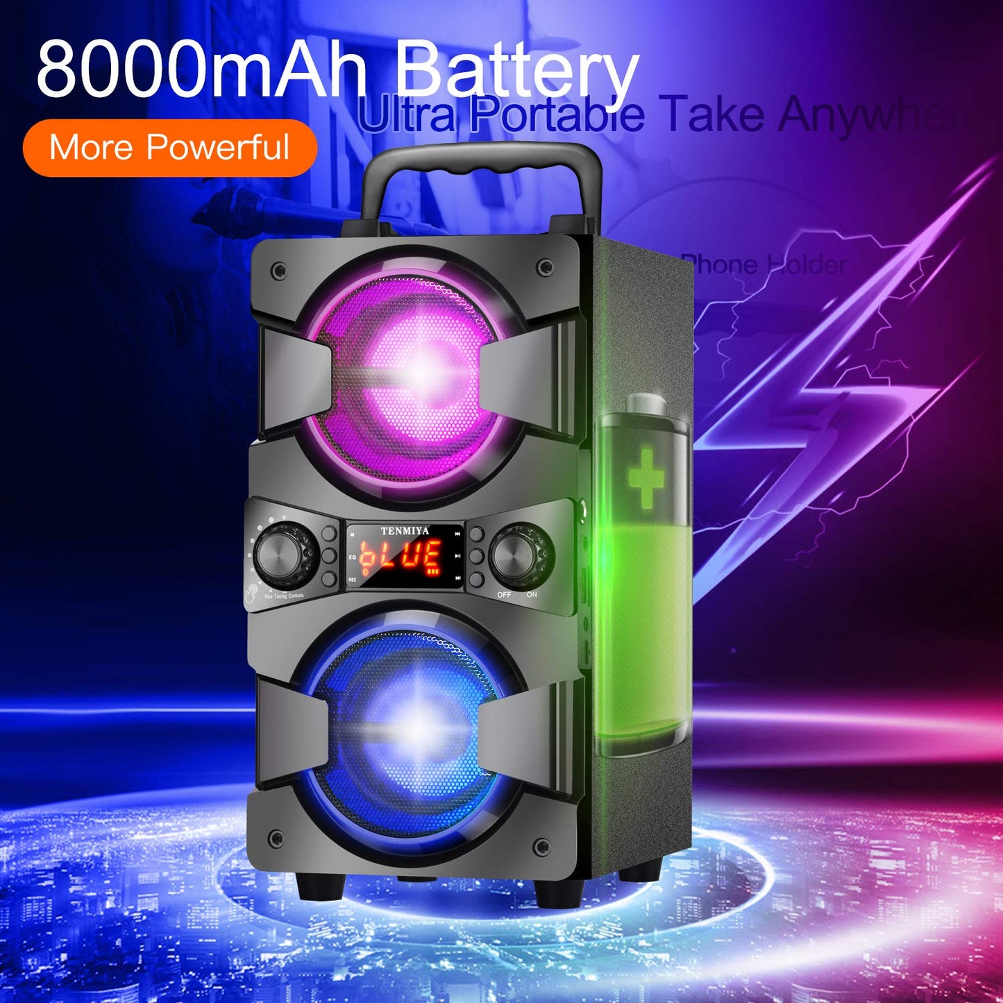 Bluetooth Speaker, Portable Wireless Speakers with Microphone, 60W Peak Loud Stereo Rich Bass, Lights, Remote, FM Radio, EQ, Double Subwoofer Sound