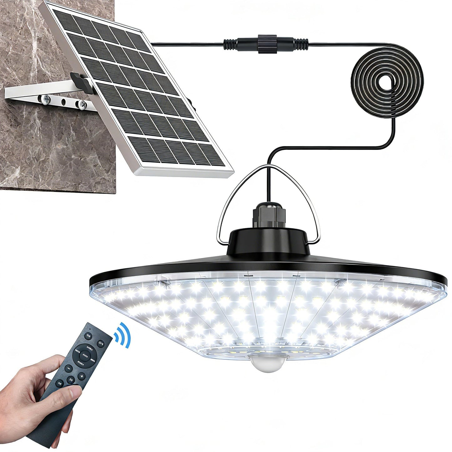 Solar Shed Light 198LED 1200LM Solar Powered Motion Sensor Light, 5 Modes Remote Control, IP65 Waterproof Solar Hanging Barn Light with 16.5ft Cable