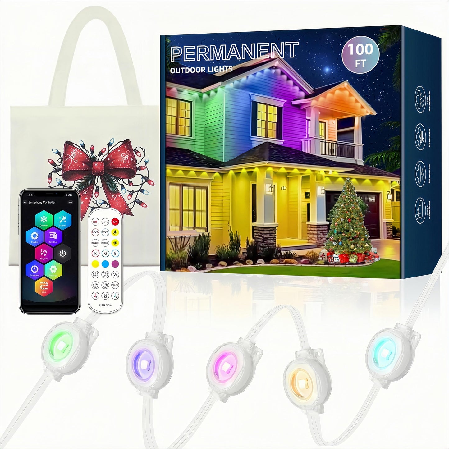 Slngfrle Permanent Outdoor Lights 100FT 60LEDs, RGBWC+IC Smart LED Strip with 50+ Scene Modes, IP68 Waterproof, App & Remote Control for Christmas