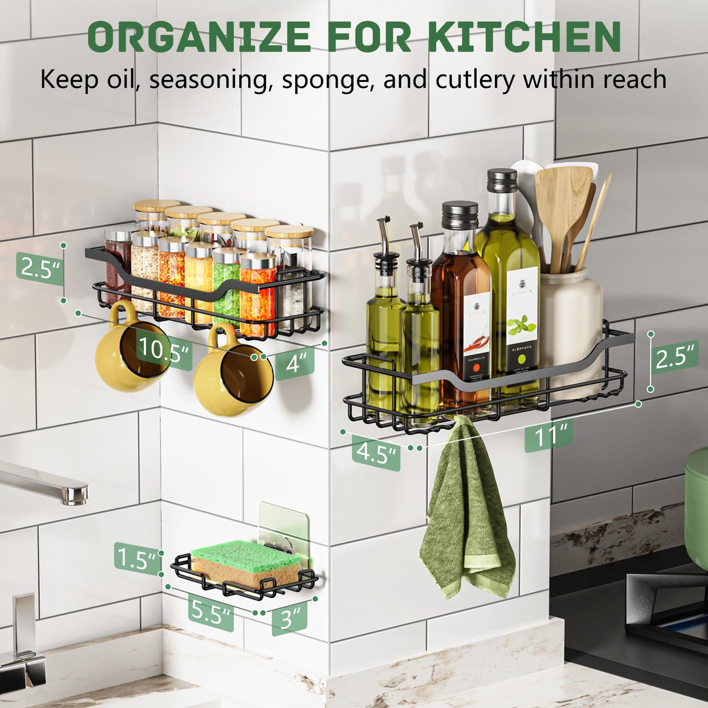 OMAIRA 3-Pack Shower Caddy Set – No-Drill Adhesive Bathroom Organizer with Soap Holder, Rustproof Storage Rack – Black, Large