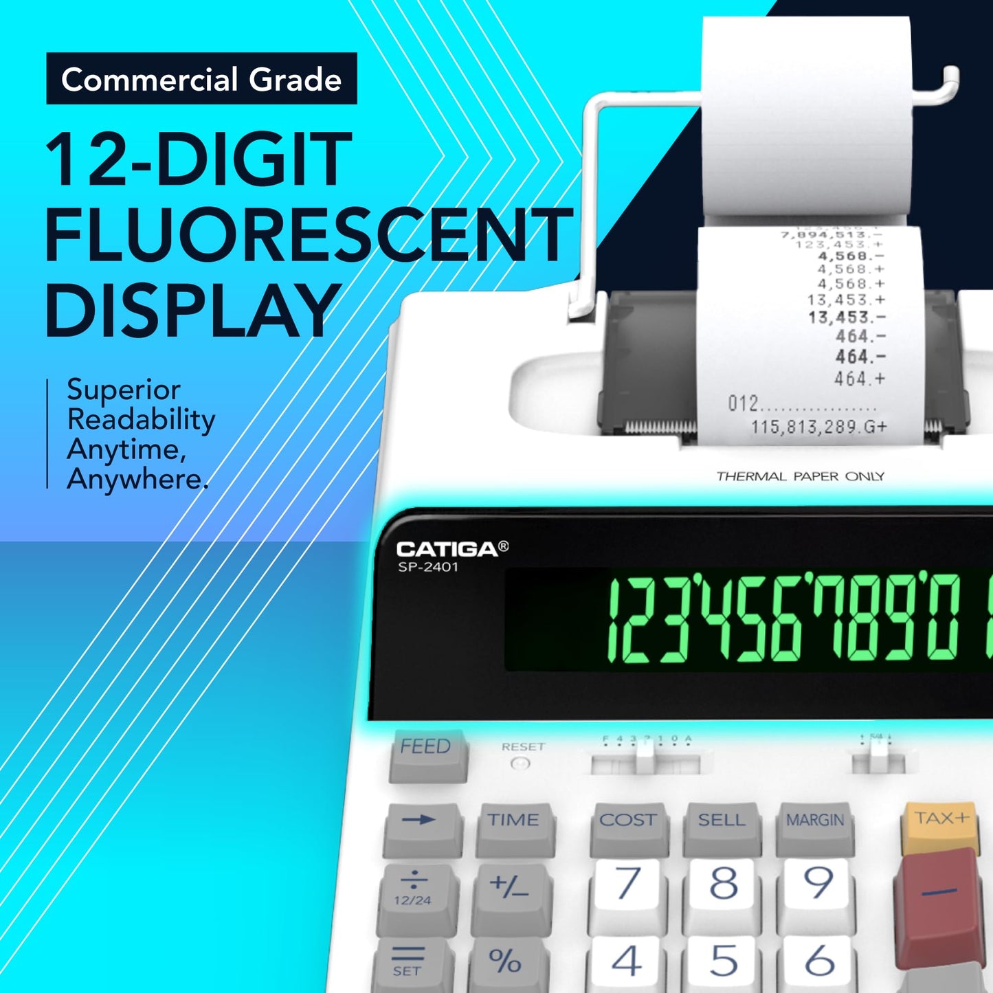 CATIGA 12 Digit Thermal Printing Calculator with Tape Print Out, Ink-Free Adding Machine, 3X Faster Quite at 8.0 LPS, Extra Large Fluorescent Display