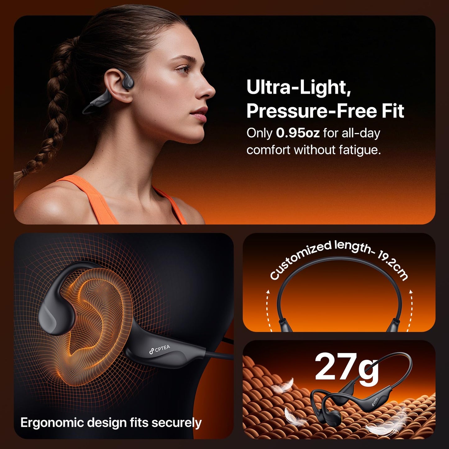 CPTEA Bone Conduction Headphones, Open Ear, Bluetooth V6.0, IPX5, Sweat Resistant,10Hrs Playtime, Comfortable Fit Sports Wireless Earbuds…