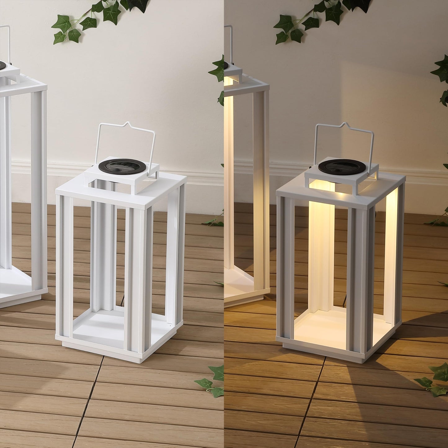 JONATHAN Y 19.5" White Modern Industrial Outdoor LED Solar Powered Lanterns Set of 3, Decorative Metal Frame Cordless Lighting for Garden Pathway