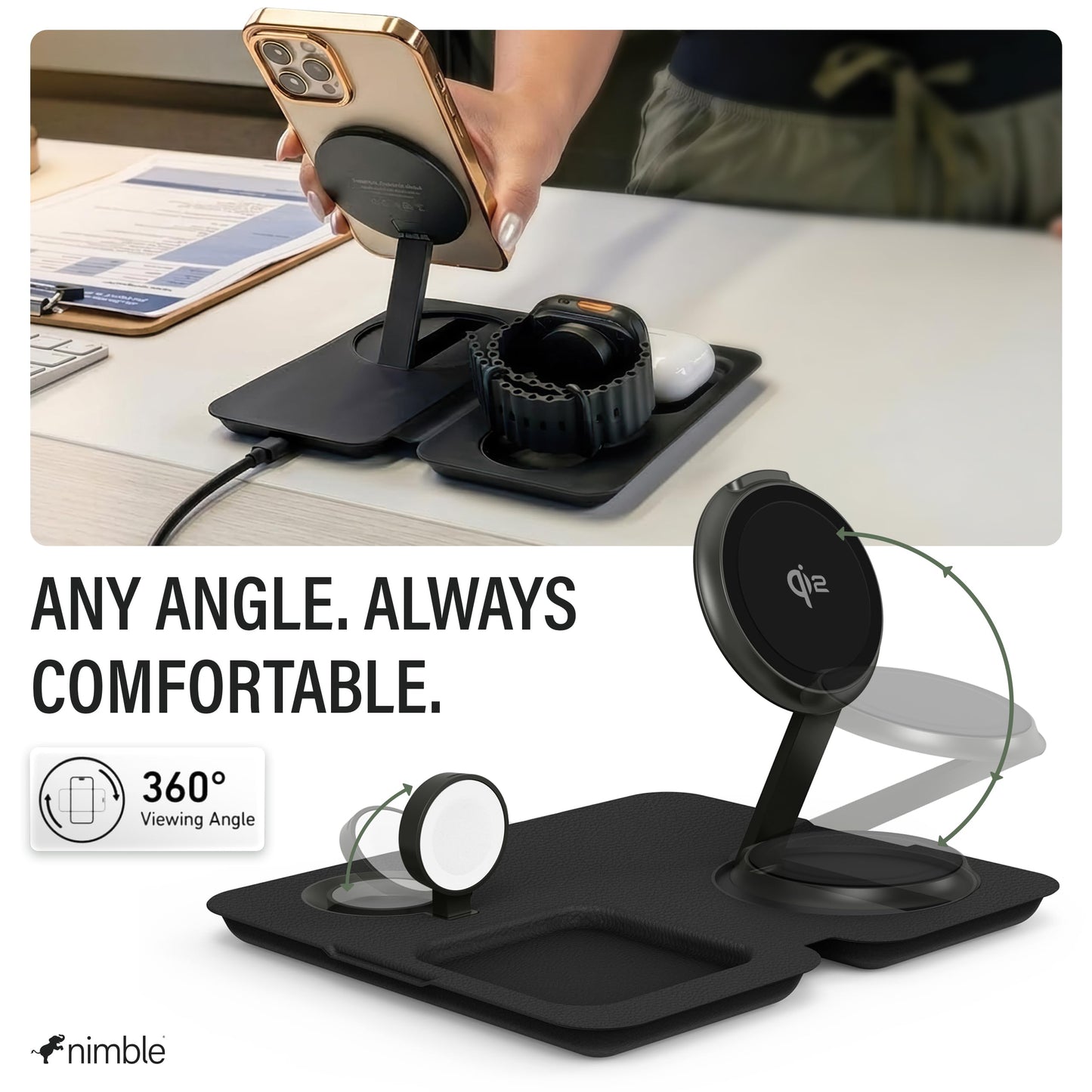 Nimble Fold 3-in-1 Wireless Charging Station for iPhone & AirPods, MagSafe Compatible 15W Qi2 Charging Stand, Wireless Charger Dock for iPhone