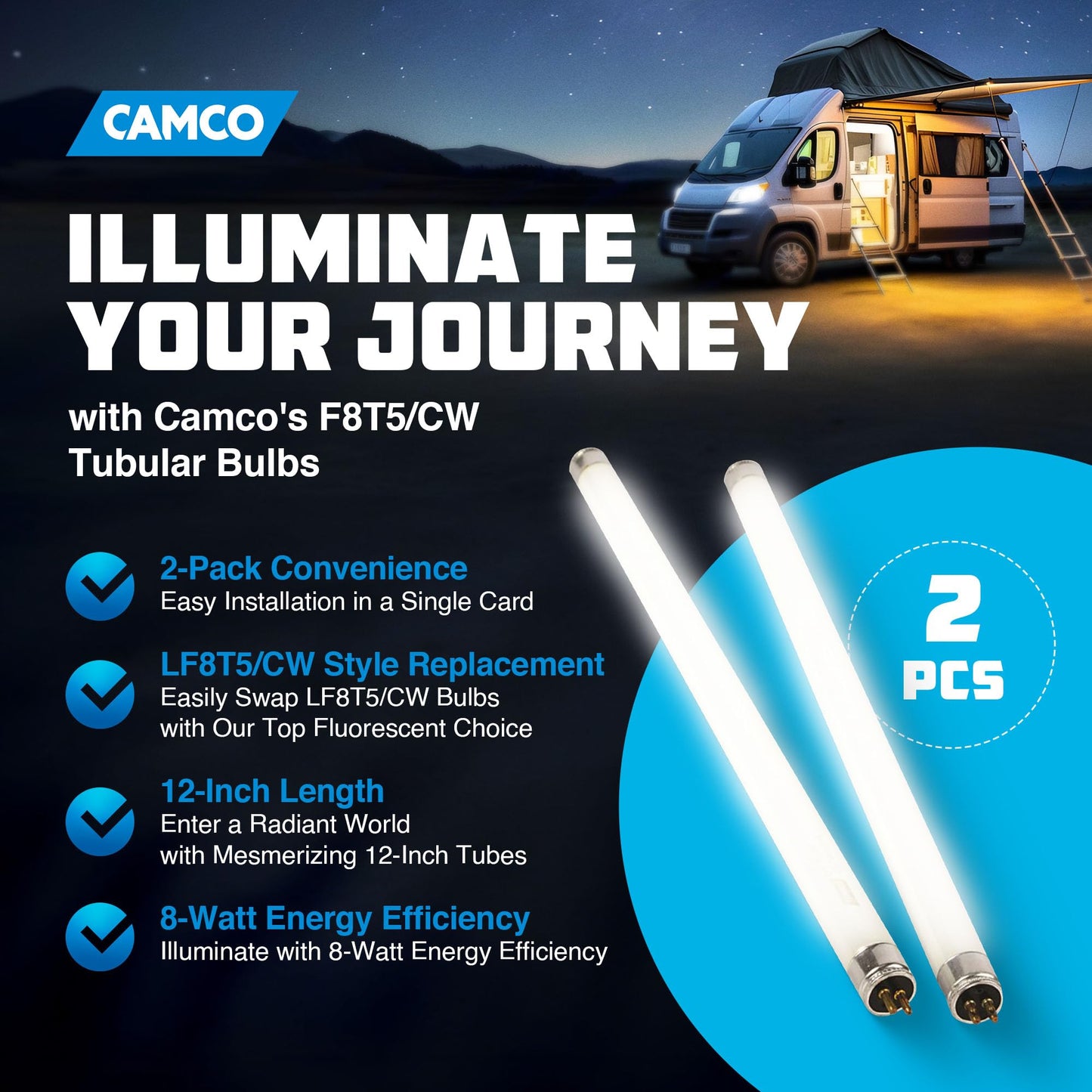 Camco Unknown 54880 12V F8T5/CW Fluorescent Light Bulb - Pack of 2, 12 Inches