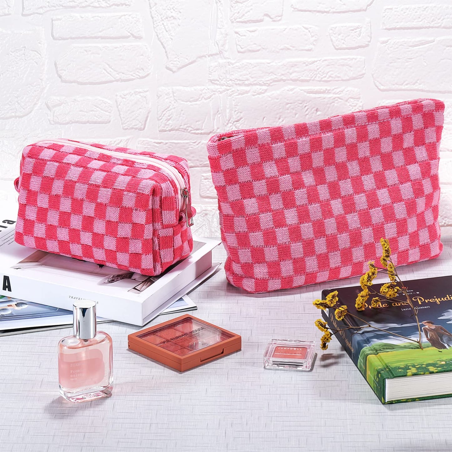 ZLFSRQ 2Pcs Checkered Makeup Bag Set – Large & Small Cosmetic Travel Toiletry Pouches for Women, Cute Preppy Pink Zipper Bags