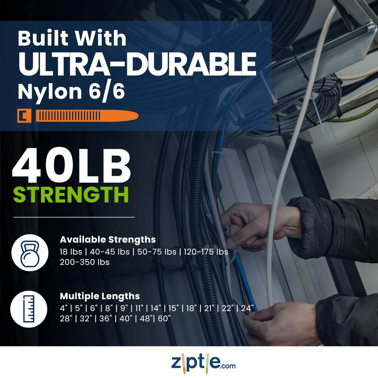 ZipTie.com 14-inch Black Multi-Purpose Zip Tie, 40-lb Tensile Strength, UL 21 Listed, 500-Pack