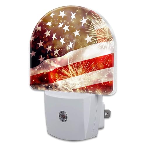 sndheke America Flag with Fireworks Night Light Plug into Wall,Vintage The USA Flag Patriotic Dusk to Dawn Night Light,0.5w Energy Saving Sleep