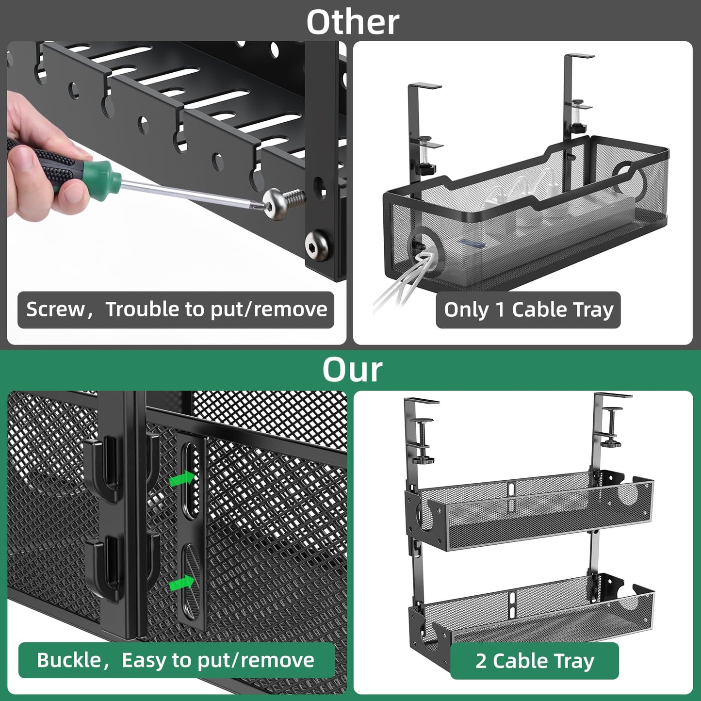 Multi-Model Under Desk Cable Management Tray 2 Packs Metal Under Desk Wire Management Clamp Mount Under Table Cord Management No Damage The Desk
