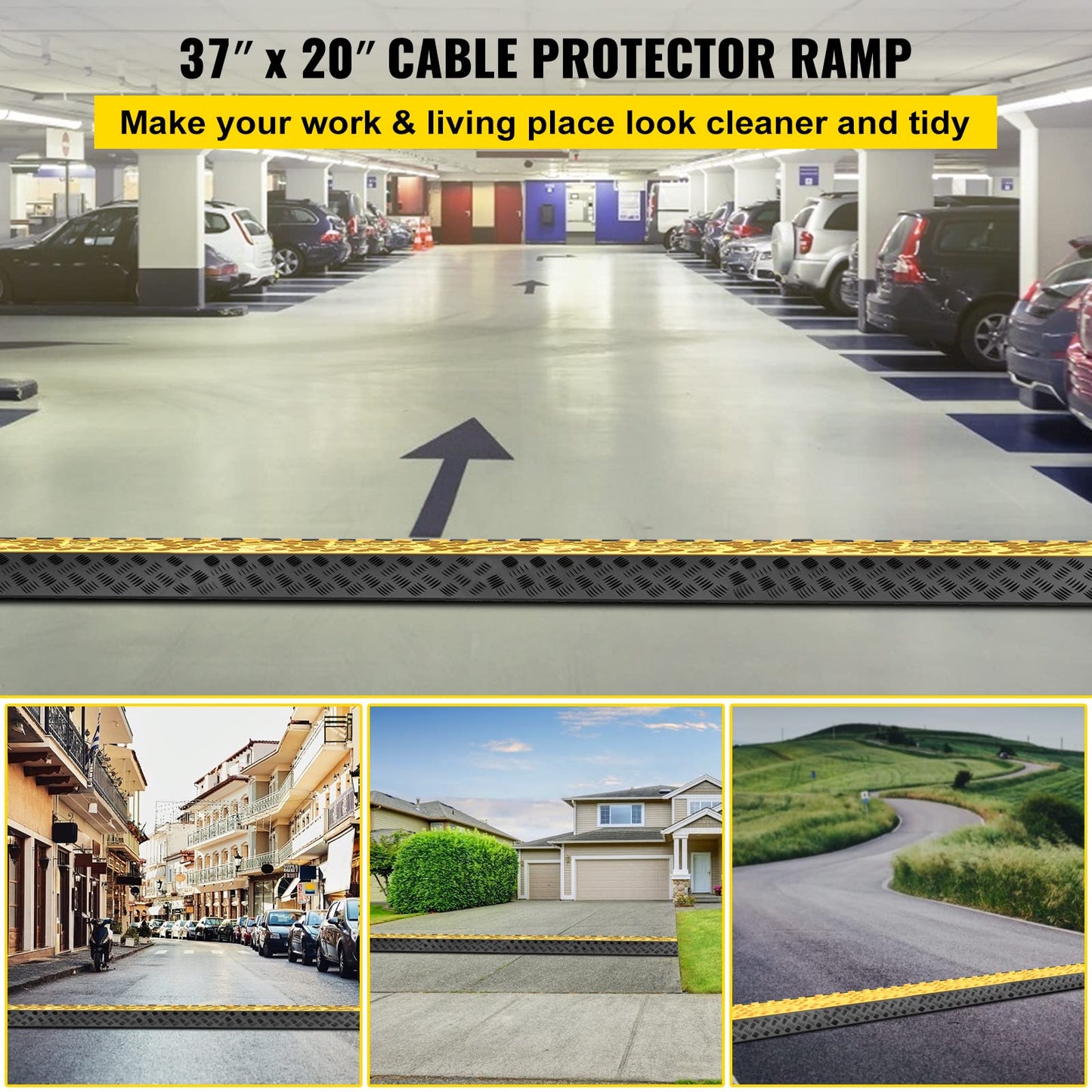 VEVOR 3-Channel Rubber Cable Protector Ramps Heavy Duty 44000Lbs Load Capacity Cable Wire Floor Cord Cover Ramp Speed Bump Driveway Hose Cable Ramp
