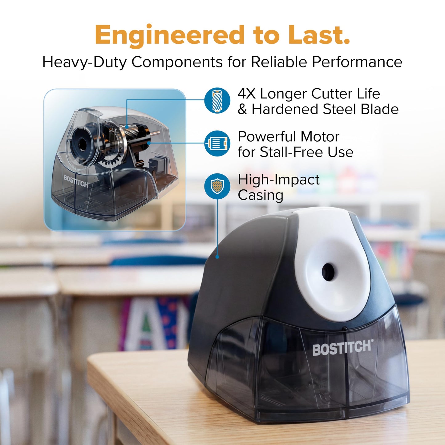 Bostitch Office Electric Pencil Sharpener for Classroom & Desk Use, Heavy-Duty Stall-Free Motor, High-Capacity Shavings Tray, Black