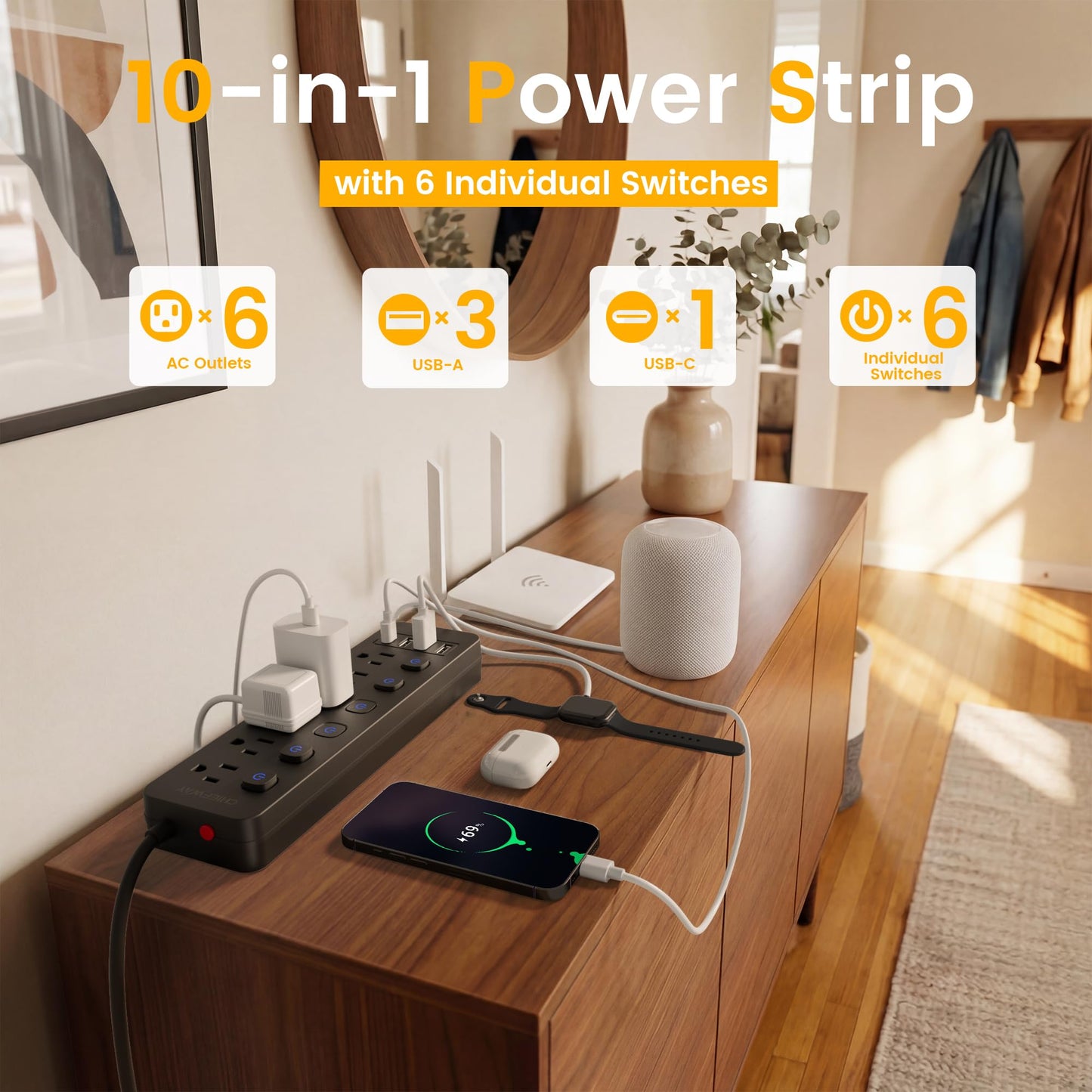 Wall Outlet Extender, 6Ft Power Strip with Individual Switches, 6 Outlets & 4 USB Ports (1 USB-C), Extension Cord with Multiple Outlets, Cruise