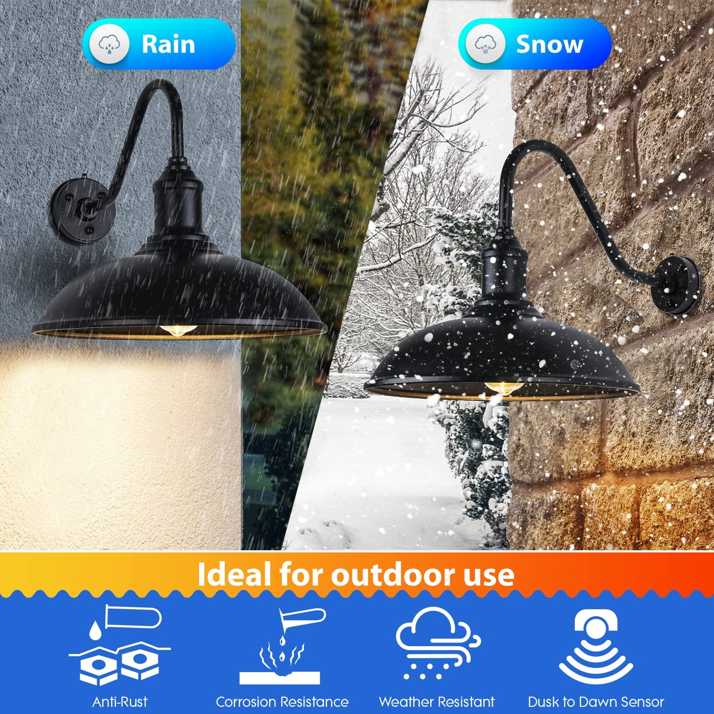 Naurham Dusk to Dawn Exterior Farmhouse Lighting 18" Diameter Barn Light Fixture for House with Anti-ponding Bottom, Barn Gooseneck Lighting