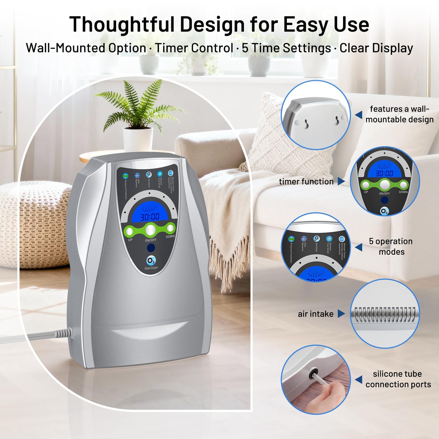 Ozone Machine Generator, Multifunctional with Timer, 500mg/h Portable Ozone Machine for Home, Kitchen, Office, Cleaning Water, Fruits and Vegetables