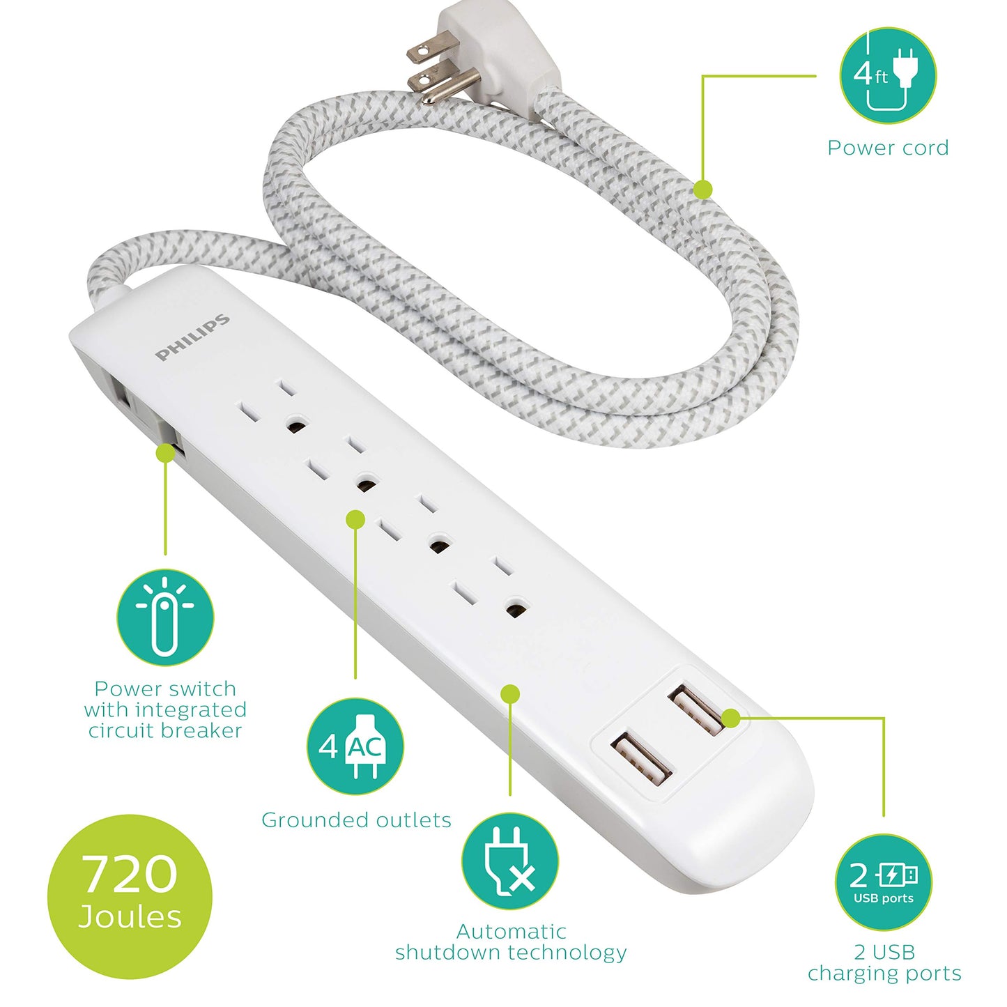 Philips 4 Outlet Power Strip Surge Protector with 2 USB Ports, 4 Ft Power Cord, Designer Braided Extension Cord, Flat Plug Extension Cord, 720 Joules