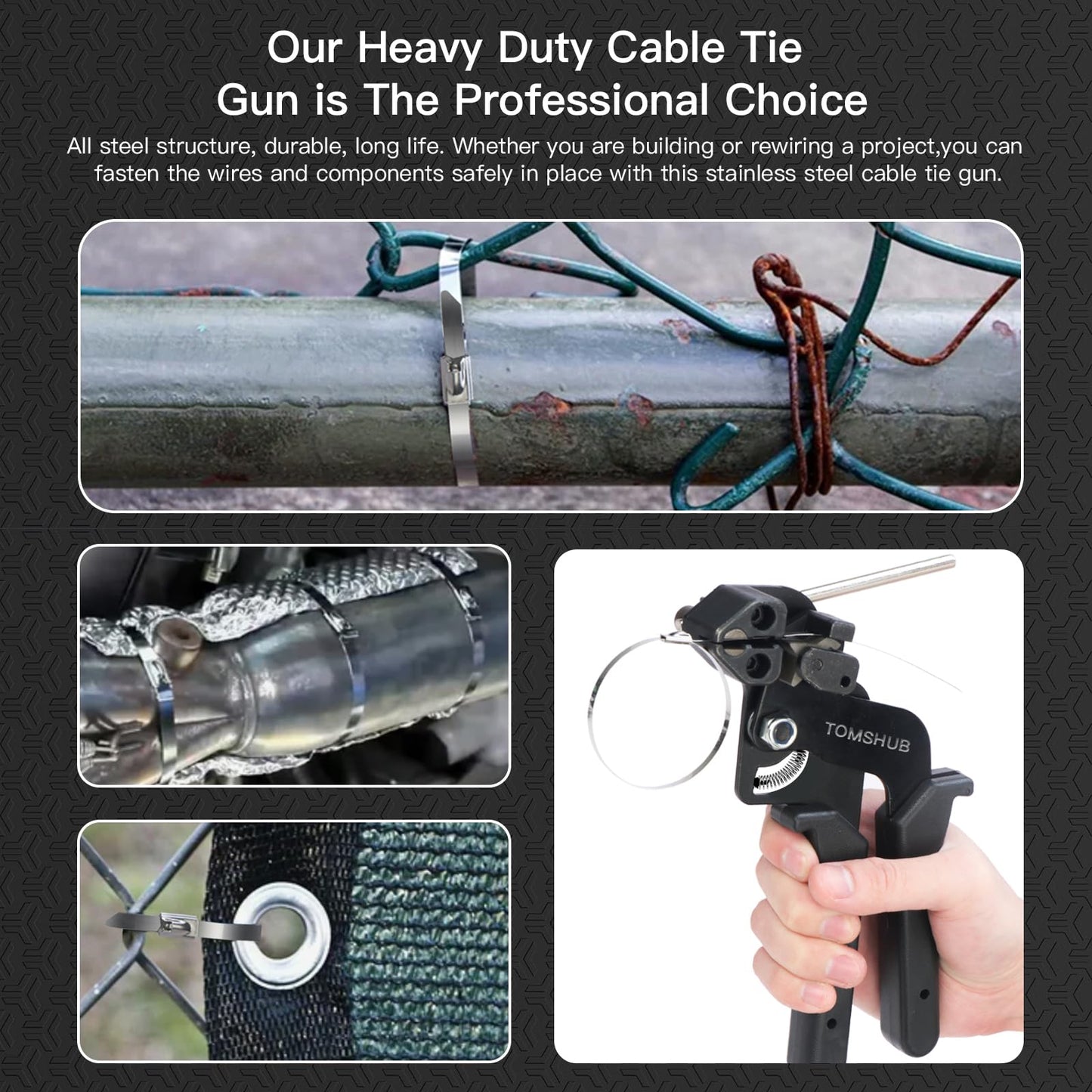 TOMSHUB Stainless Steel Cable Tie Gun with 100 Pcs 11.8 inch Metal Zip Ties Tool, Heavy Duty Self-locking Cable Tie Gun Kit for Fastening and Cutting