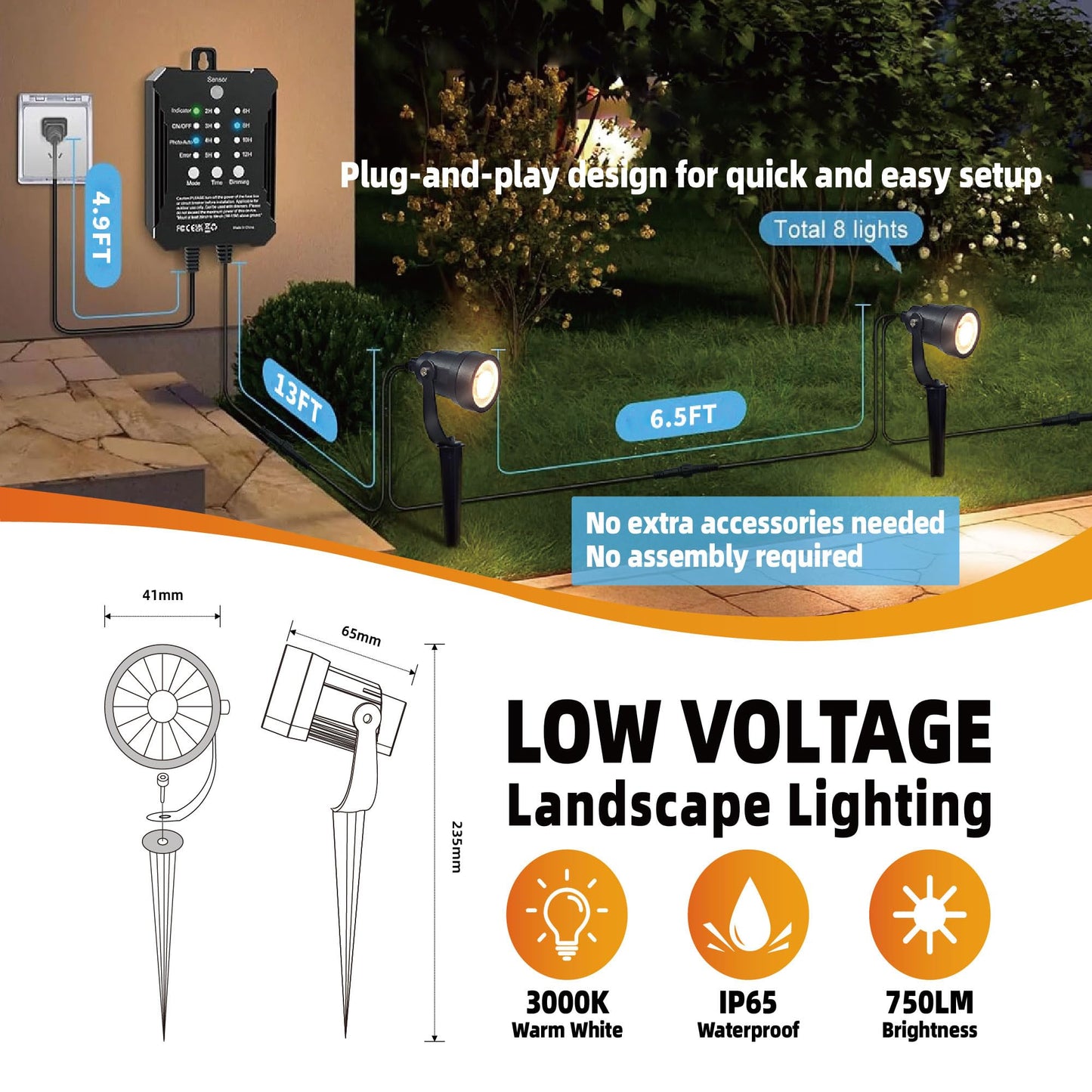 COLOER All-in-One Low Voltage Landscape Lighting Kit, 8 Pack 5W Die-cast Aluminum Landscape Lights with Transformer and Connectors, IP65 Waterproof