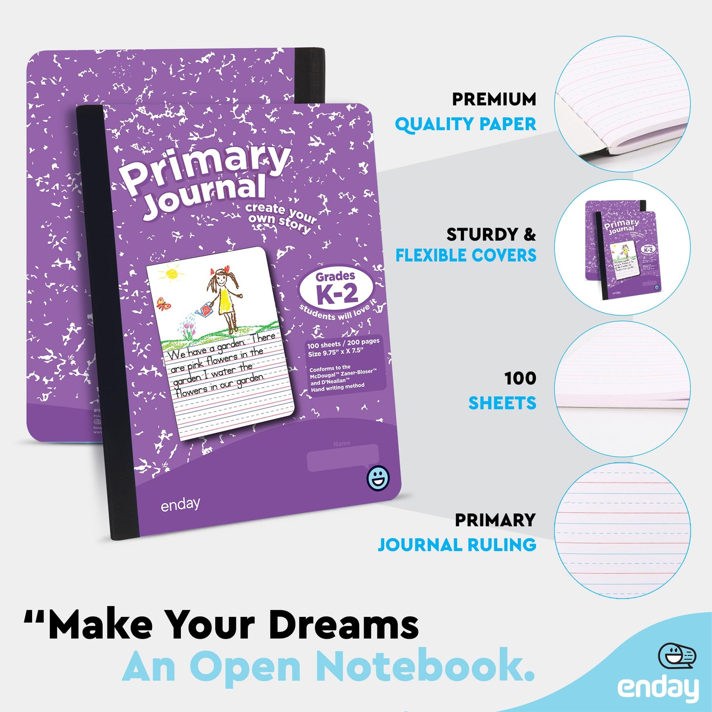 Enday Primary Journal Grades K-2, Primary Writing Journal, Half Page Ruled Primary Journal Composition Notebook for Kids, 100 Sheets kids Notebook