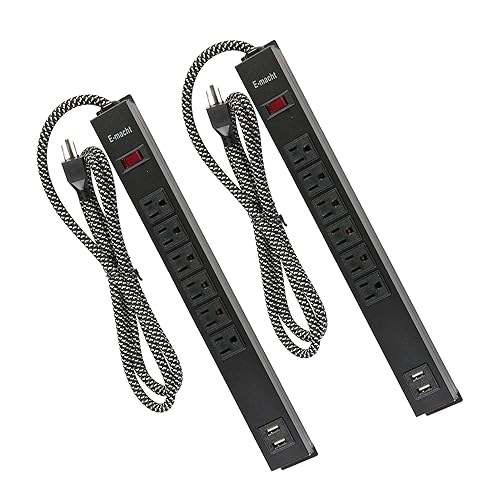 LONABR 2 Pack Long Power Strip, 6 Metal Power Outlets 2 USB Ports, 6 ft Long Extension Cord, Wall Mountable with Hook & Loop, Black (6 Outlets + 2