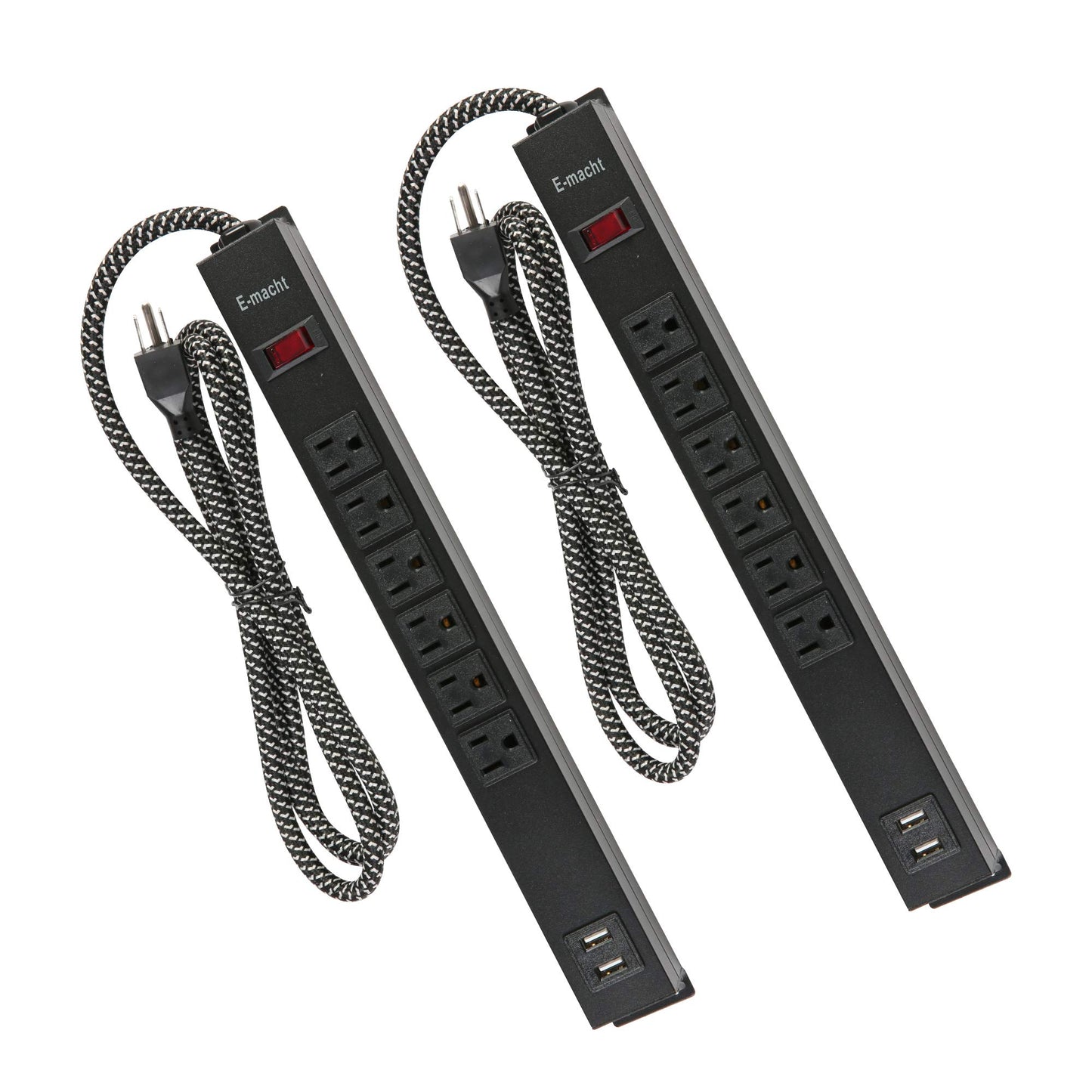 LONABR 2 Pack Long Power Strip, 6 Metal Power Outlets 2 USB Ports, 6 ft Long Extension Cord, Wall Mountable with Hook & Loop, Black (6 Outlets + 2