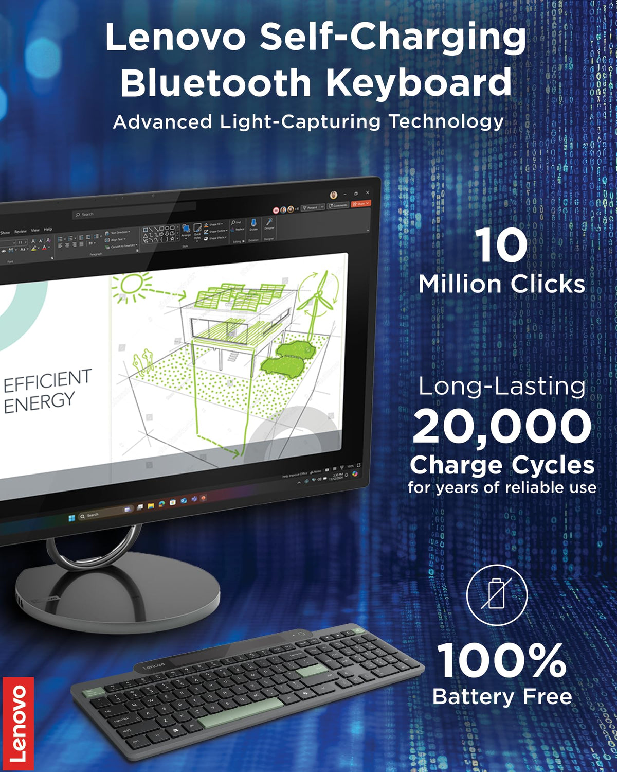 Lenovo 800 Self-Charging Bluetooth Keyboard, Uses Ambient Light, Bluetooth 5.1, Supports 3 Devices, Battery Free, Wireless, Grey