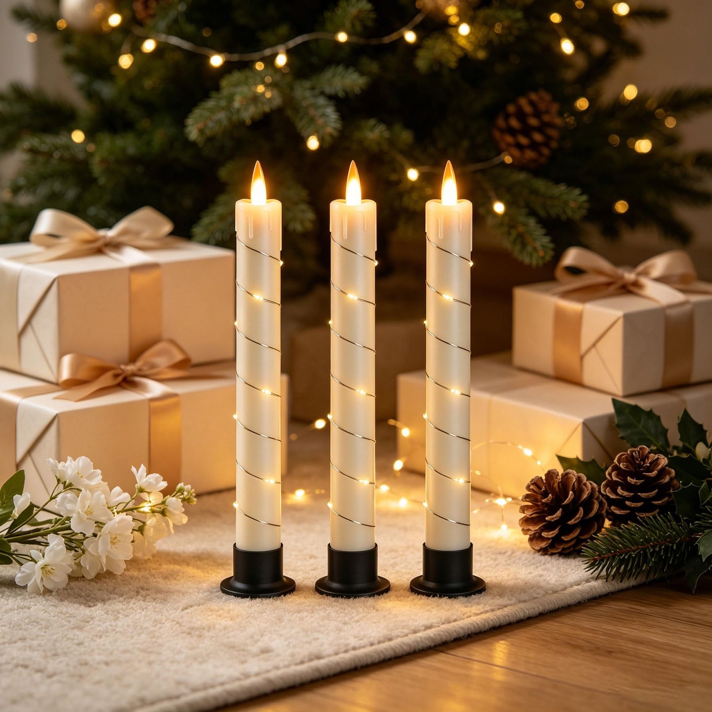 3 Pack Ivory Dripping Wax Flameless Candles, Realistic Dynamic Flame LED Taper Candles with Surrounding Fairy String Lights, Remote Control Battery