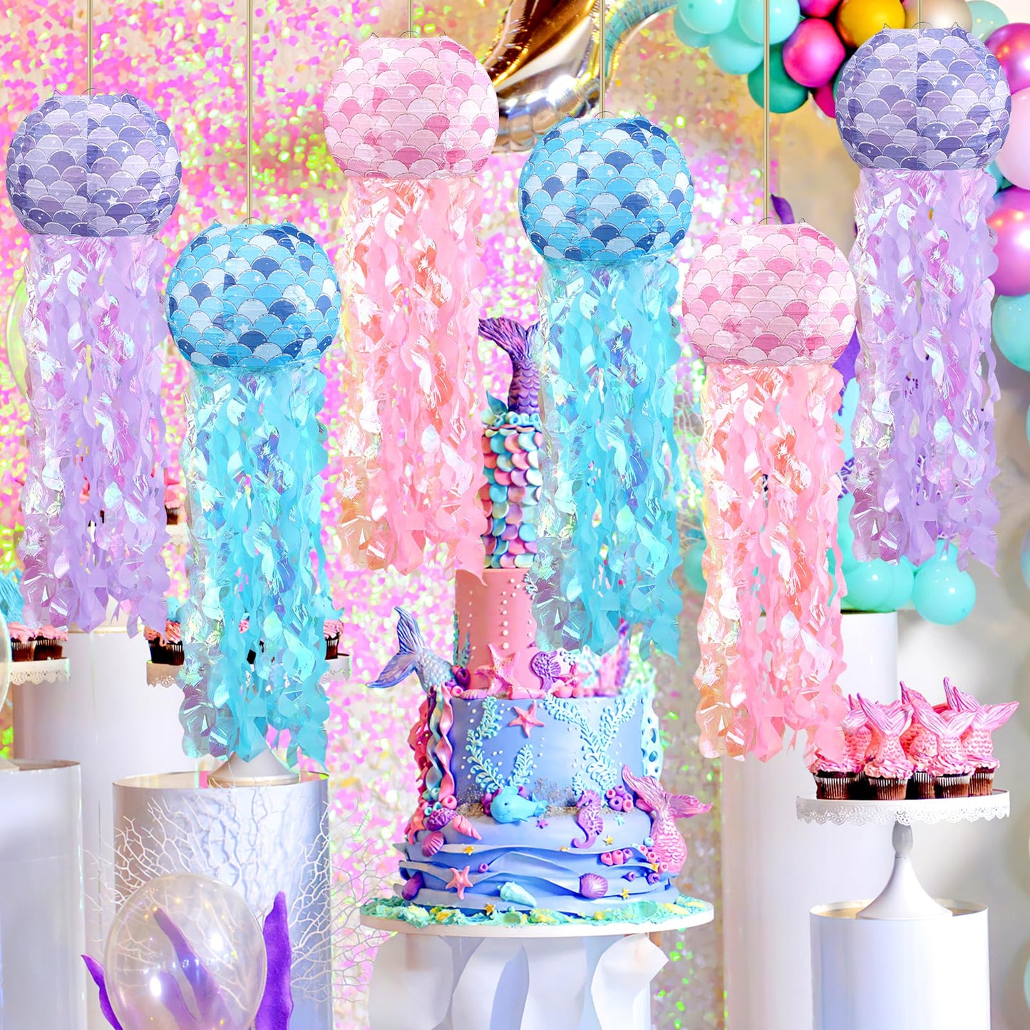 Celehappy 6pcs Jellyfish Paper Lanterns Blue Pink Purple Under The Sea Party Decorations for Mermaid Ocean Themed Birthday Party Decorations Baby