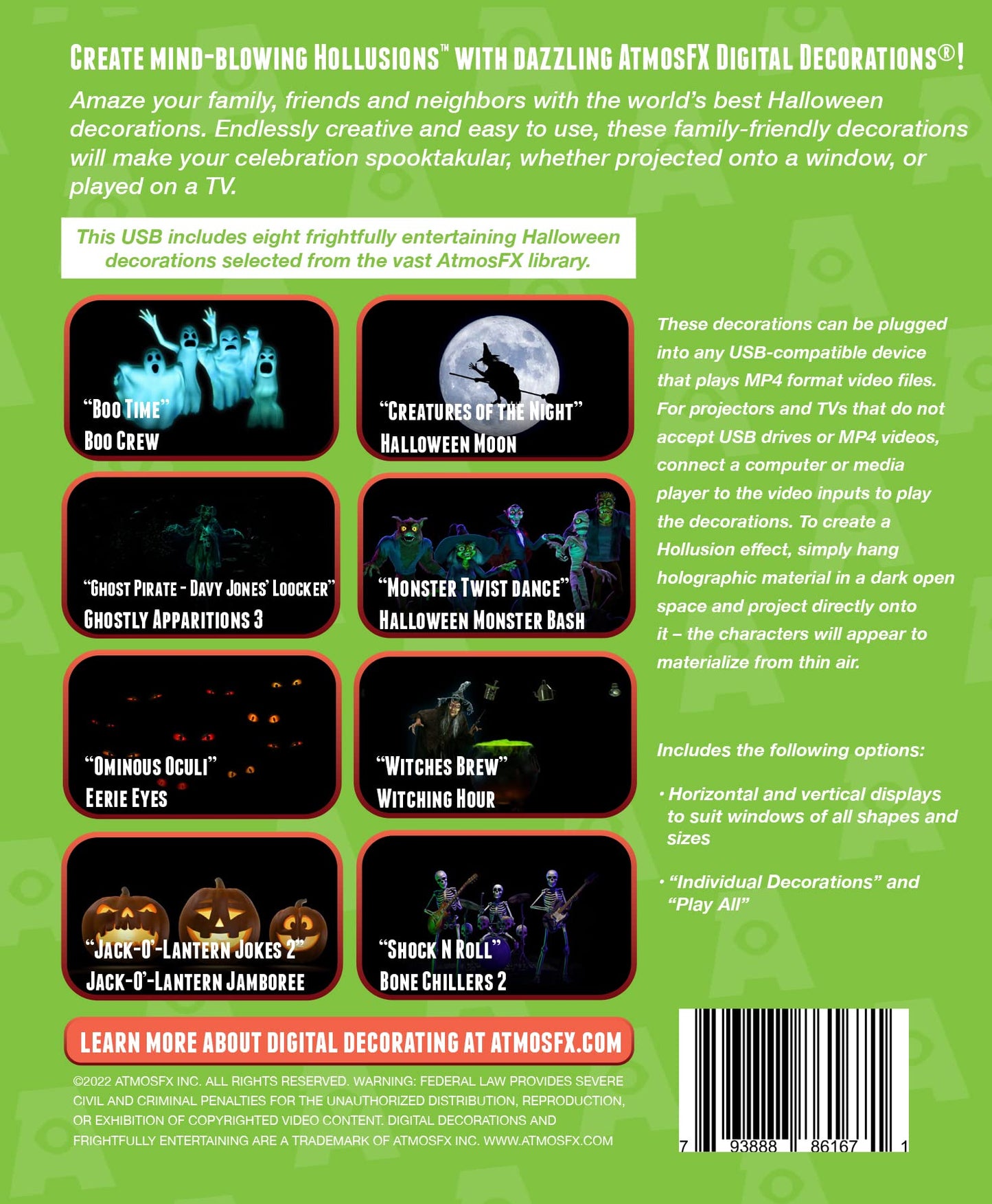 Reaper Brothers Halloween Hollusion Digital Decoration Kit Includes 8 AtmosFX Video Effects for Halloween Plus HD Super Bright Projector and 5.5' x 9'