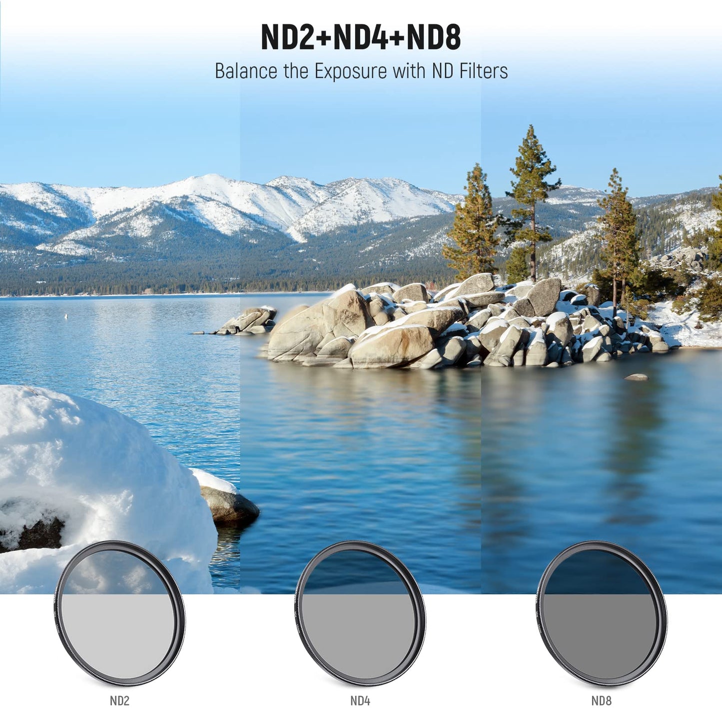 NEEWER 52mm ND Filter Kit and Lens Accessories, ND2 ND4 ND8 UV FLD CPL(Circular Polarizing) Filter Set with Lens Cap/Tulip Shaped Lens Hood