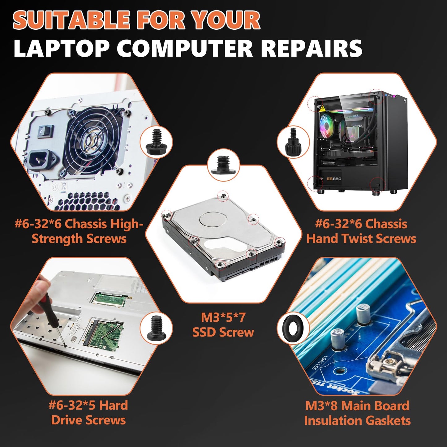 Kalote 522PCS Computer Screw Kit, Carbon Steel Rust-Resistant Laptop PC Screws Assortment Set with M.2 SSD Screws, Motherboard Standoffs, HDD Case Fan