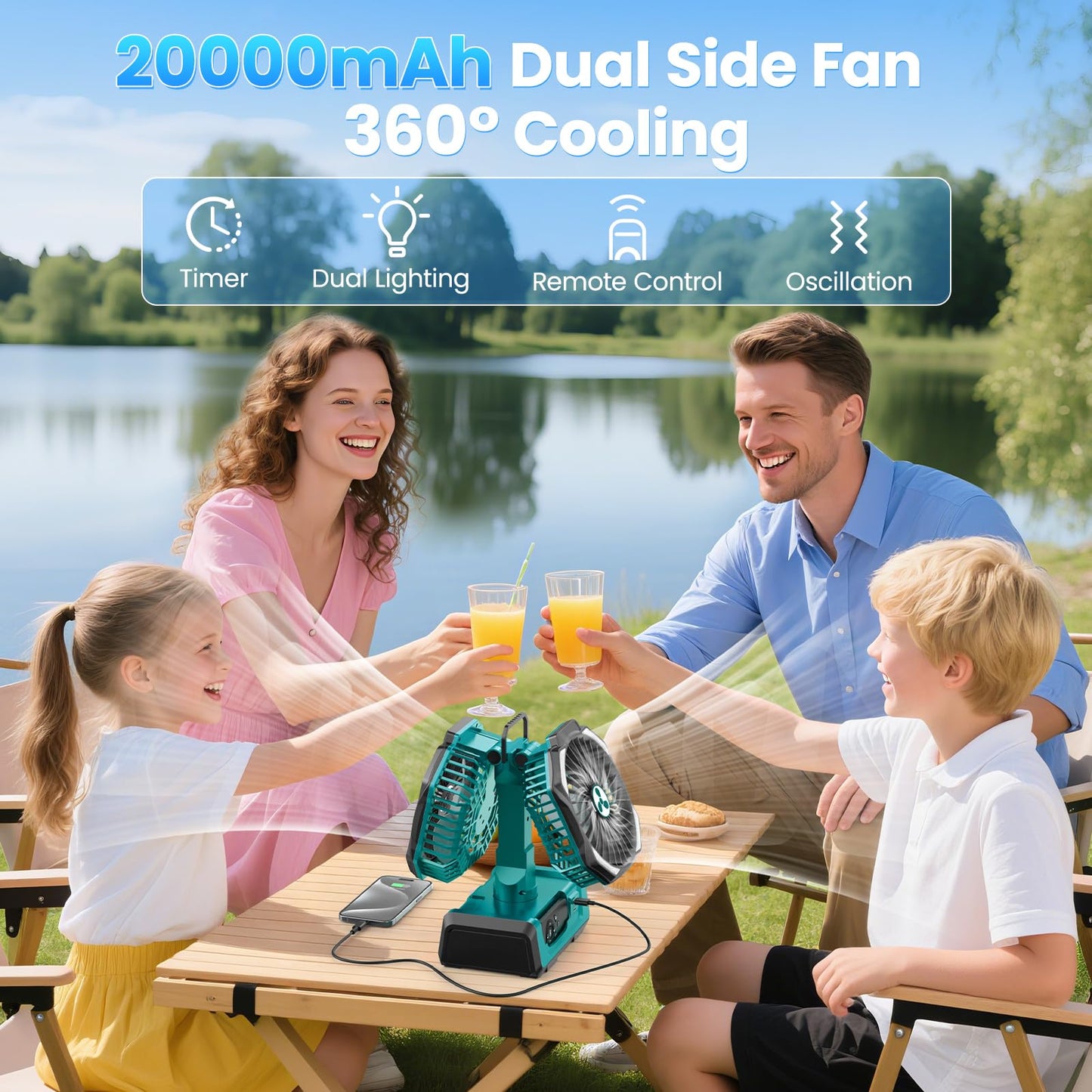 Dual Head Portable Rechargeable Fan 20000mAh Battery Powered Camping Fan Cordless with LED Lantern & Remote, Auto Oscillation, Hook, Battery Operated
