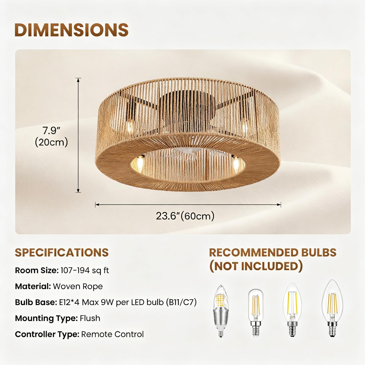 APBEAMLighting 24 Inch Boho Ceiling Fan with Light & Remote, Rattan Caged