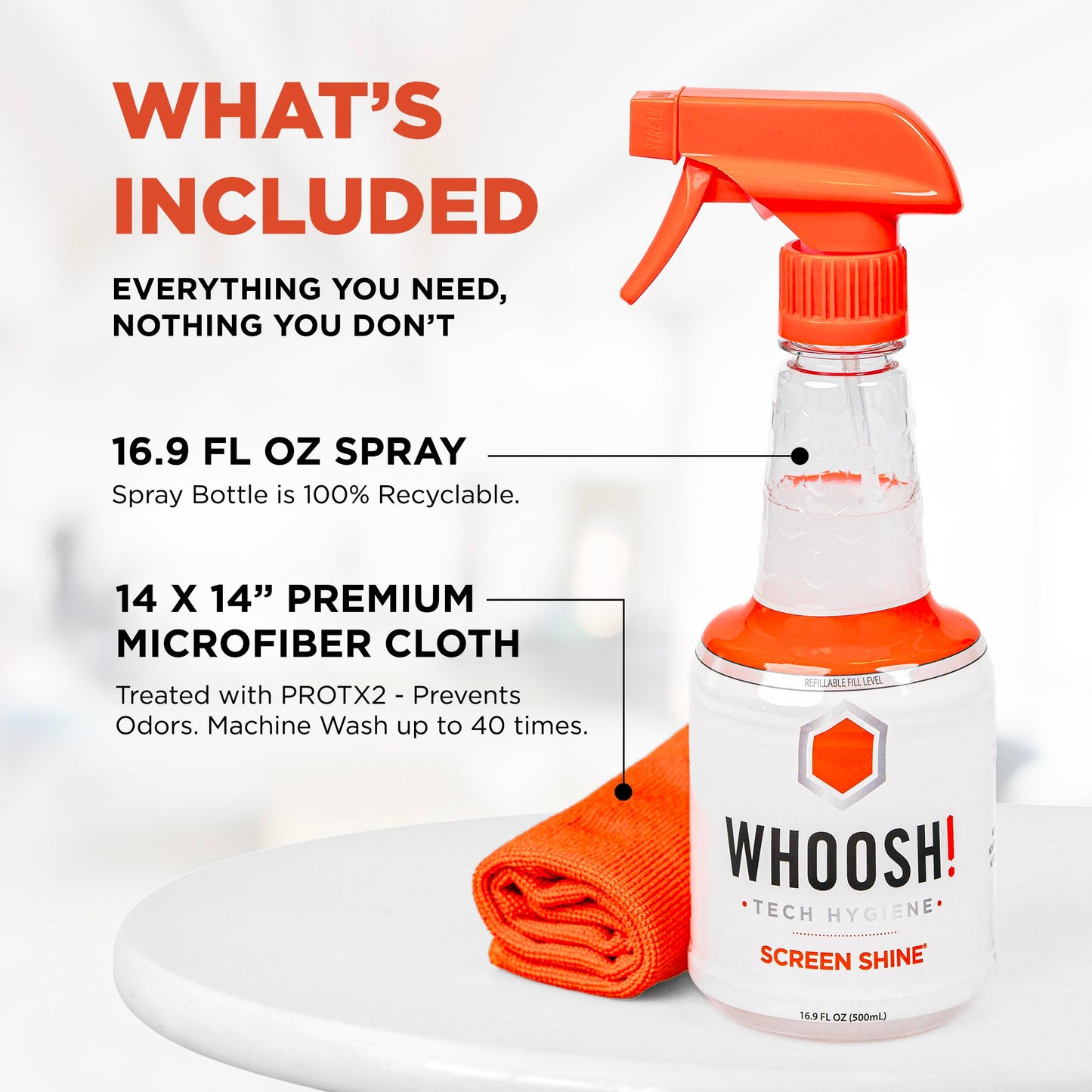 WHOOSH! Screen Shine Pro 16.9 fl oz Refillable Screen Cleaner for TV, OLED, and Monitors - Streak-Free Spray with Microfiber Cloth - Safe for Flat